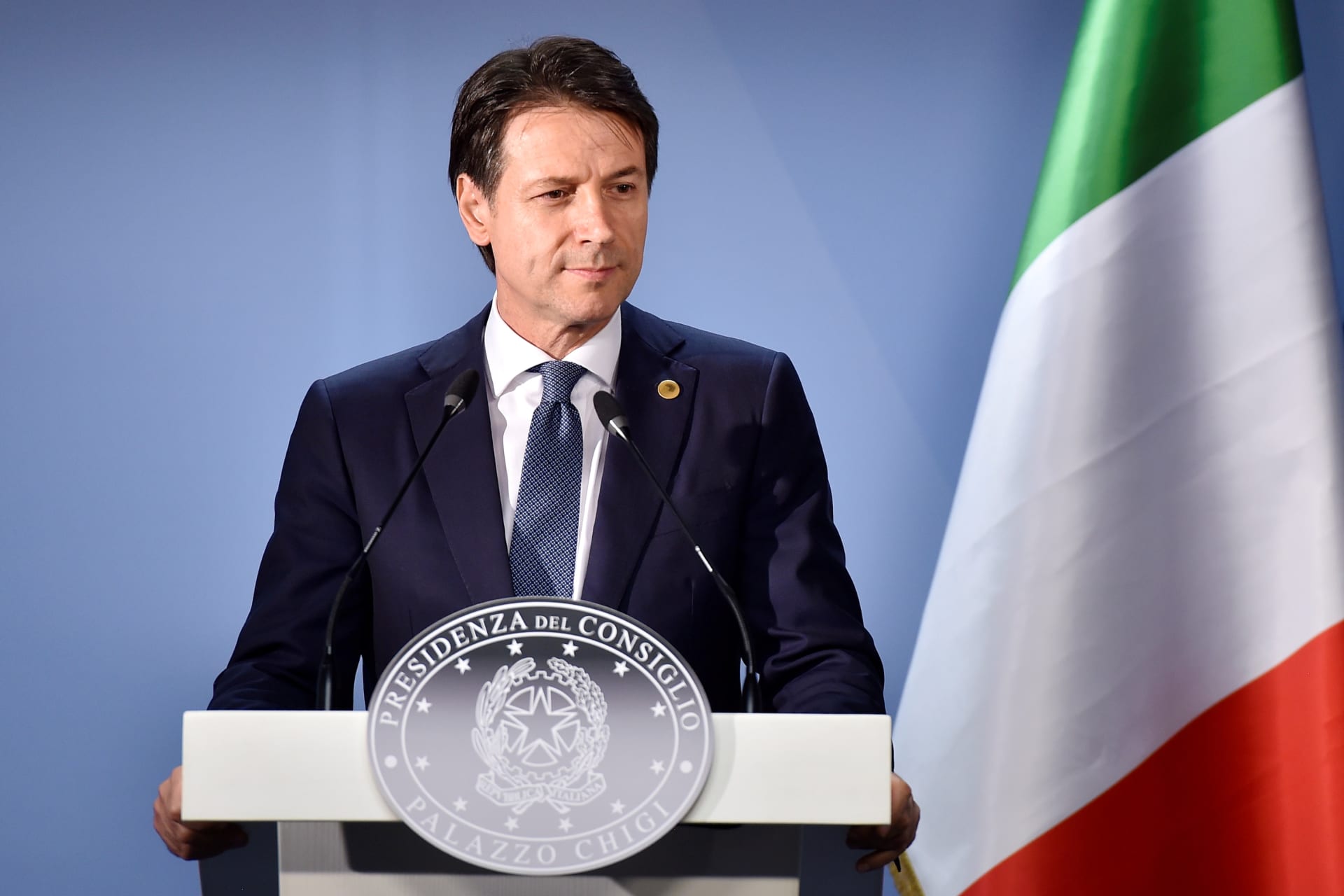 <p>Italian Prime Minister Giuseppe Conte speaks at a news conference.</p>
