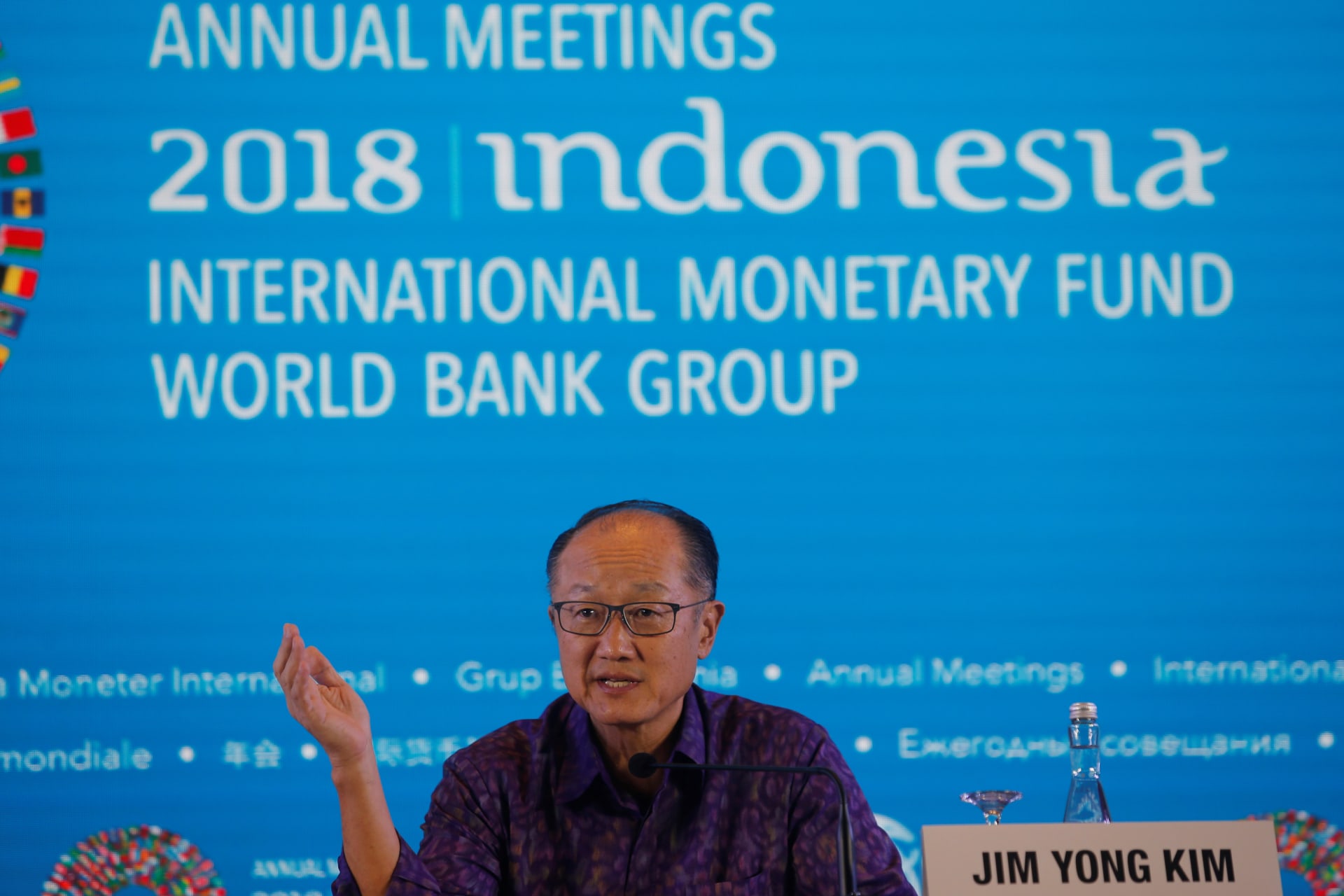 <p>World Bank President Jim Yong Kim speaks during the International Monetary Fund and World Bank Annual Meeting in Nusa Dua, Bali, Indonesia, where the Human Capital Index was released, on October 11, 2018</p>

