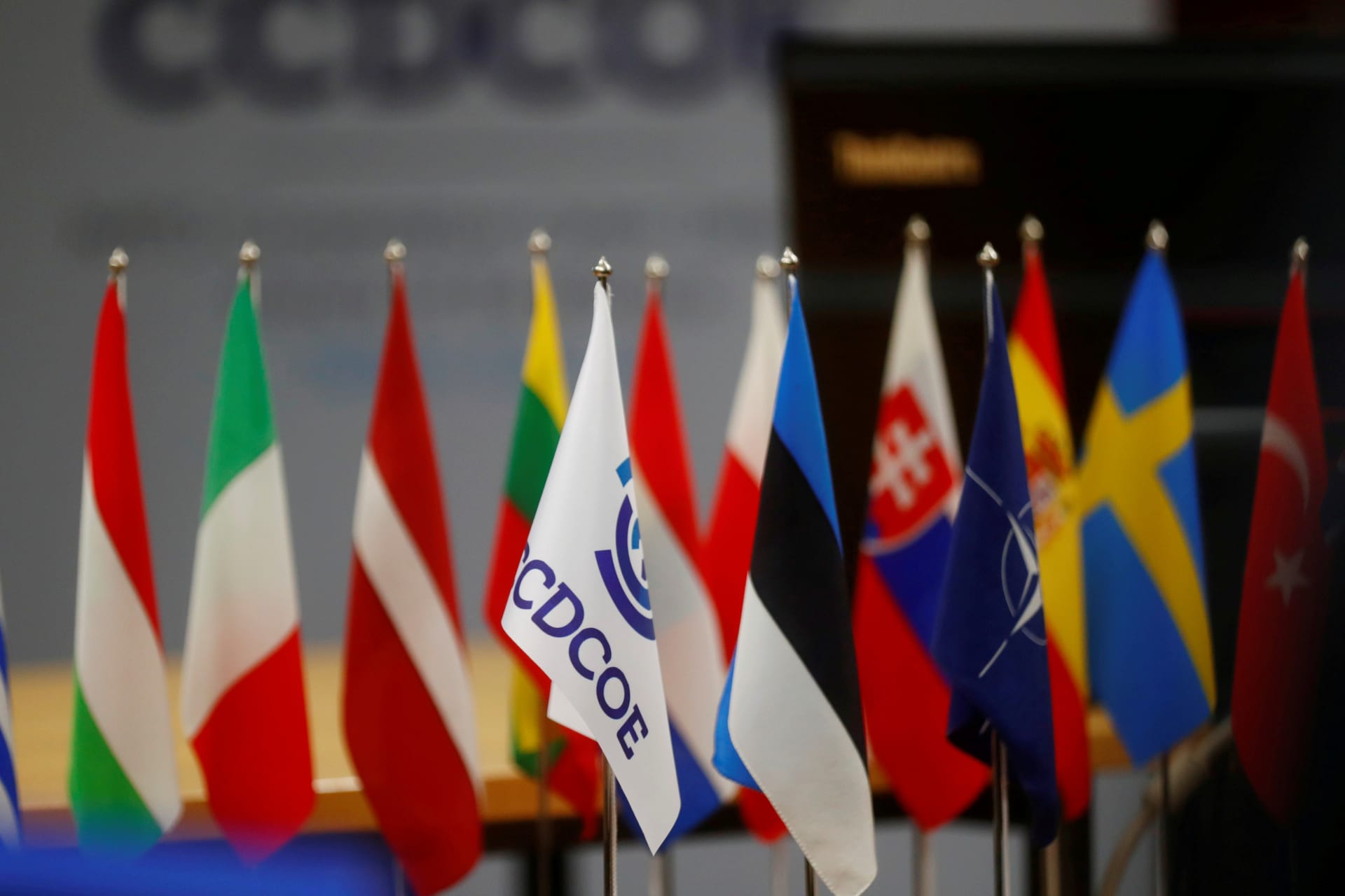 <p>Estonian and NATO flags are seen in front of member countries’ flags on the premises of the NATO Cooperative Cyber Defence Centre in Tallinn, Estonia on November 29, 2017</p>