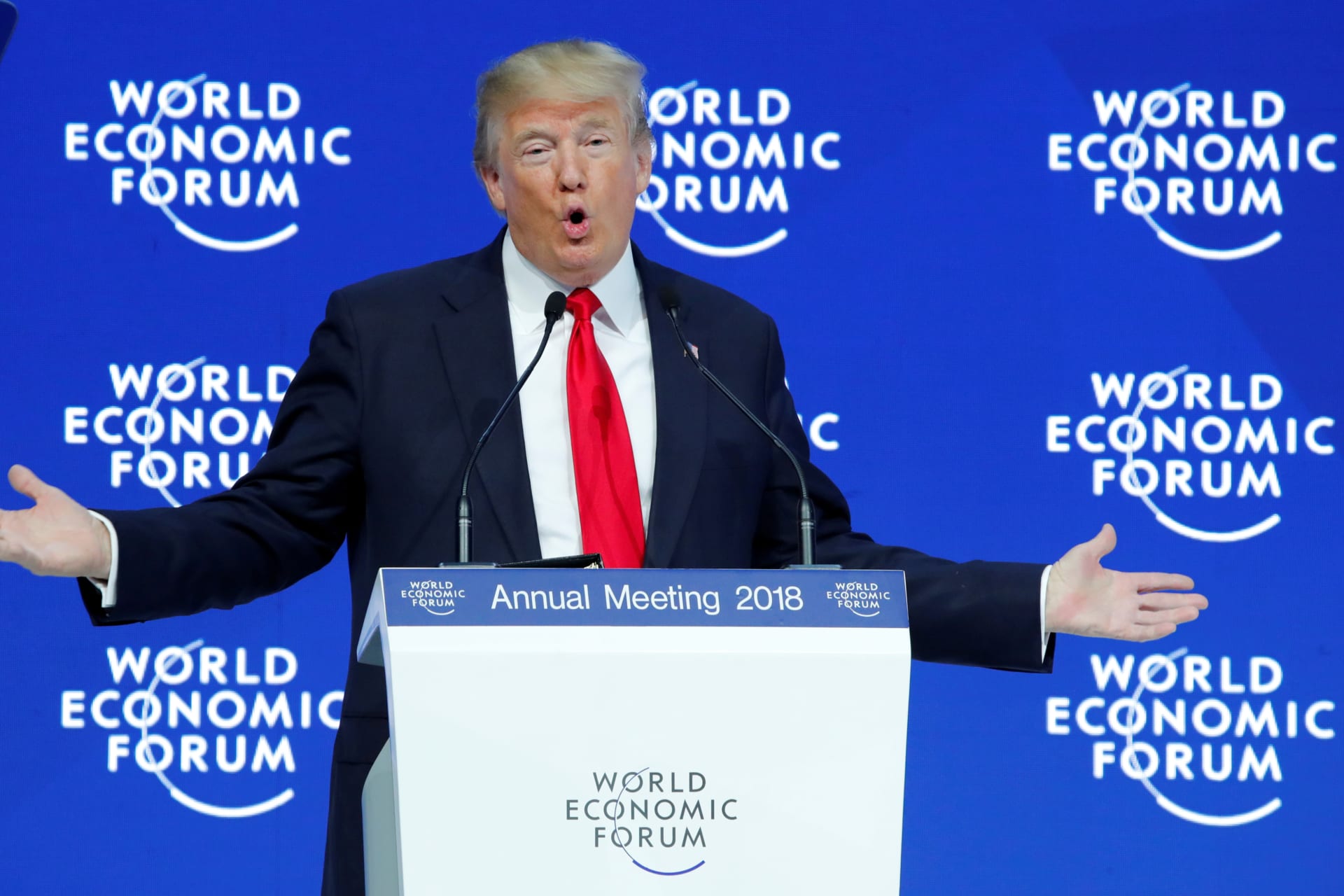 <p> U.S. President Donald Trump delivers a speech during the World Economic Forum (WEF) annual meeting in Davos, Switzerland on January 26, 2018.</p>
