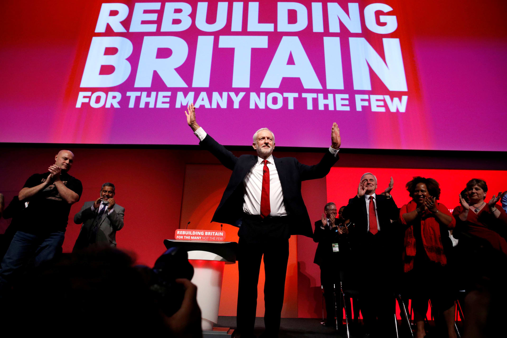 <p>Britain’s Labour Party leader Jeremy Corbyn acknowledges the audience’s applause after he delivered his keynote speech at the Labour Party Conference.</p>
