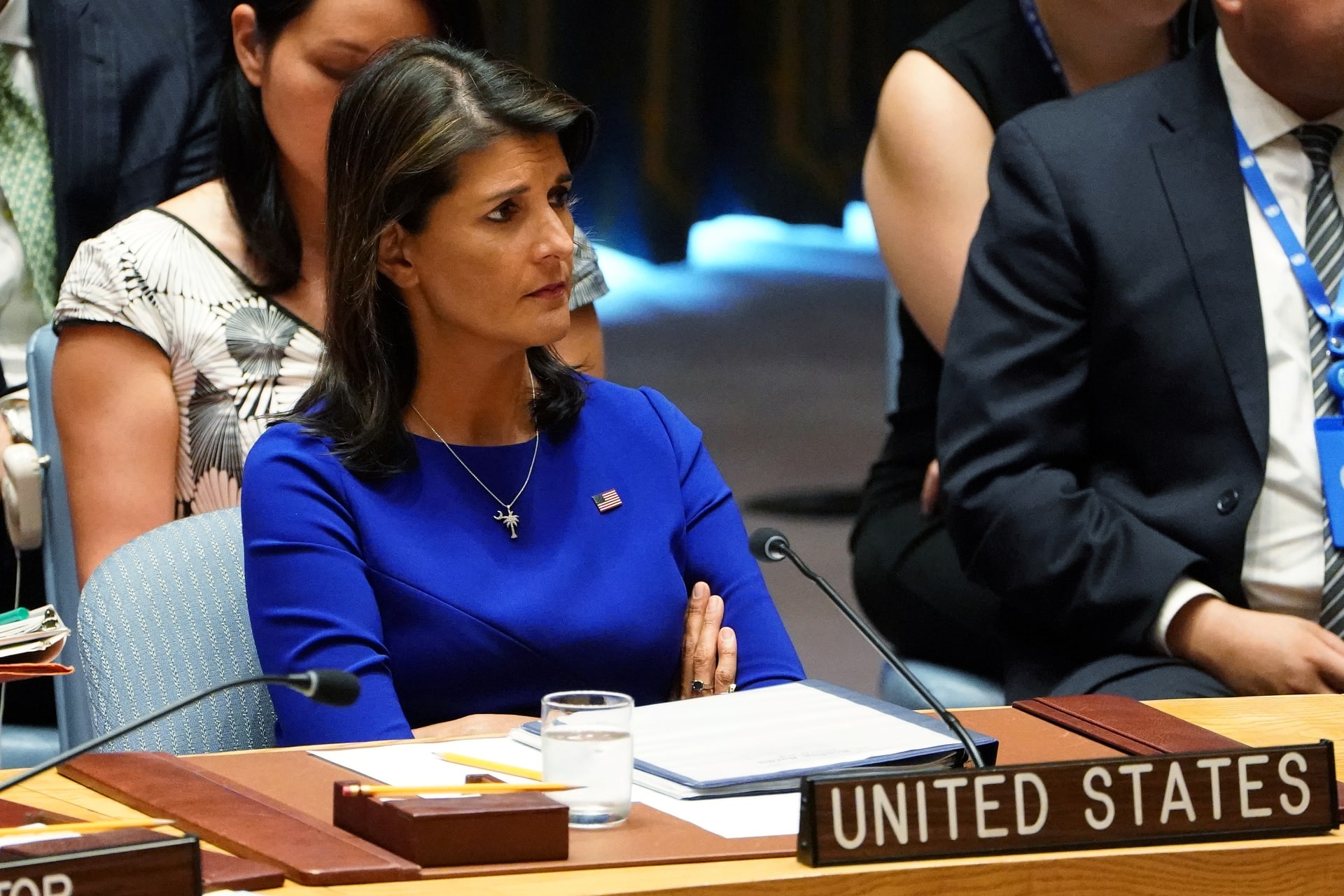 <p>United States Ambassador to the United Nations, Nikki Haley listens as actor Cate Blanchett speaks during a United Nations Security Council meeting about Myanmar at United Nations Headquarters in New York City, New York, on August 28, 2018. </p>
