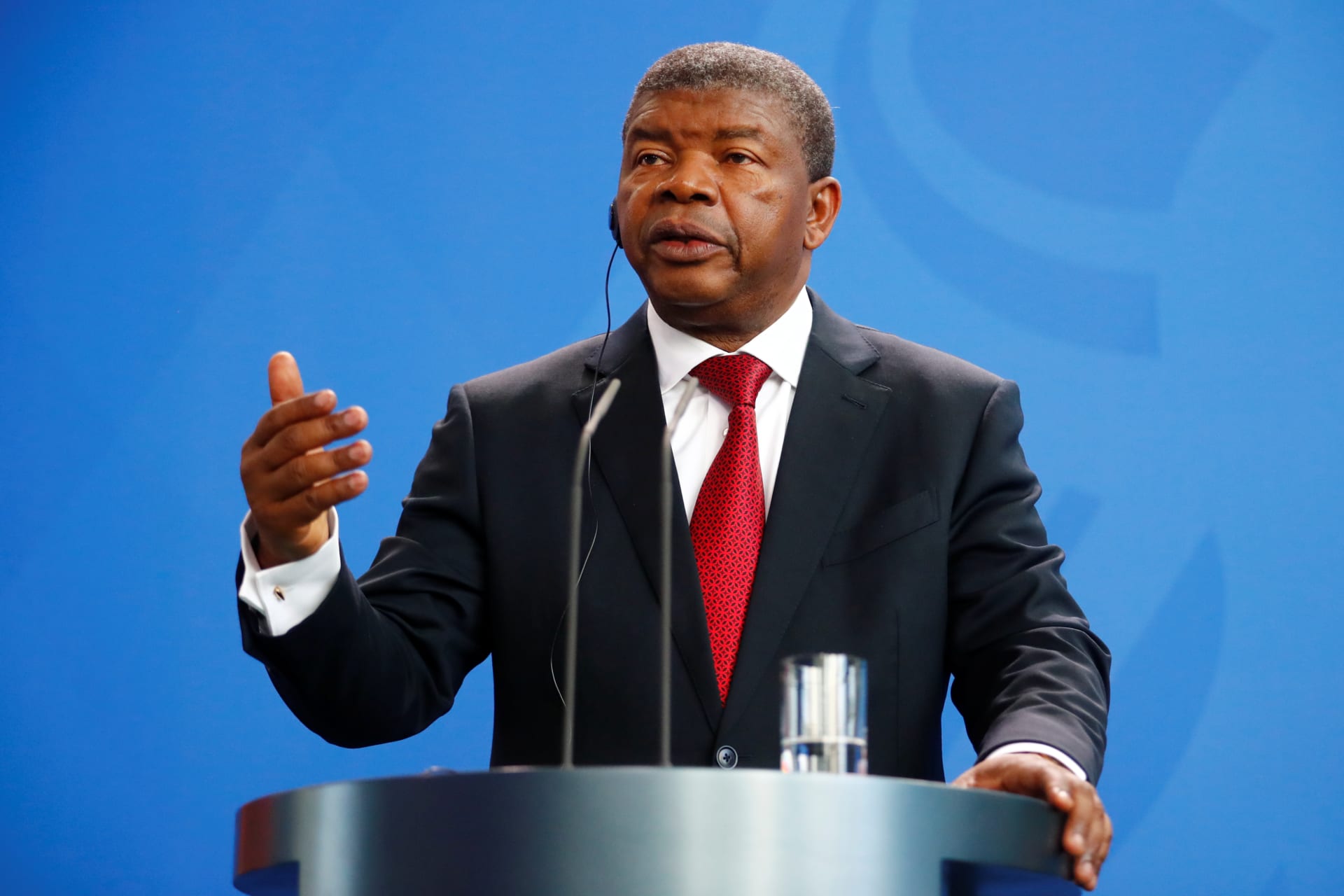 <p>Angolan President Joao Lourenco and German Chancellor Angela Merkel (unseen) attend a news conference at the chancellery in Berlin, Germany, on August 22, 2018.</p>
