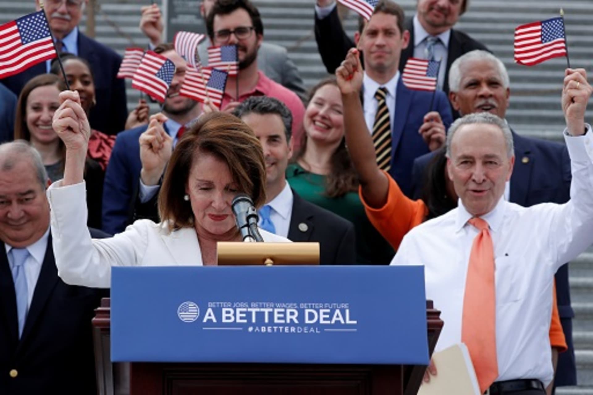 <p>U.S. House Minority Leader Nancy Pelosi leads Democratic members of Congress during their “Better Deal” platform rally at the U.S. Capitol. </p>
