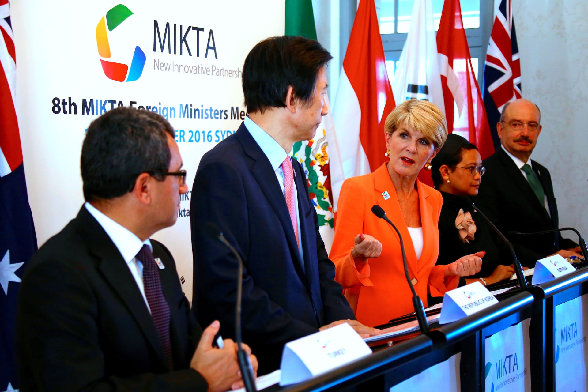 <p>Australia’s Foreign Minister Julie Bishop talks during a media conference after holding the 8th foreign minister’s meeting known as MIKTA (Mexico, Indonesia, South Korea, Turkey and Australia) in Sydney, Australia.</p>
