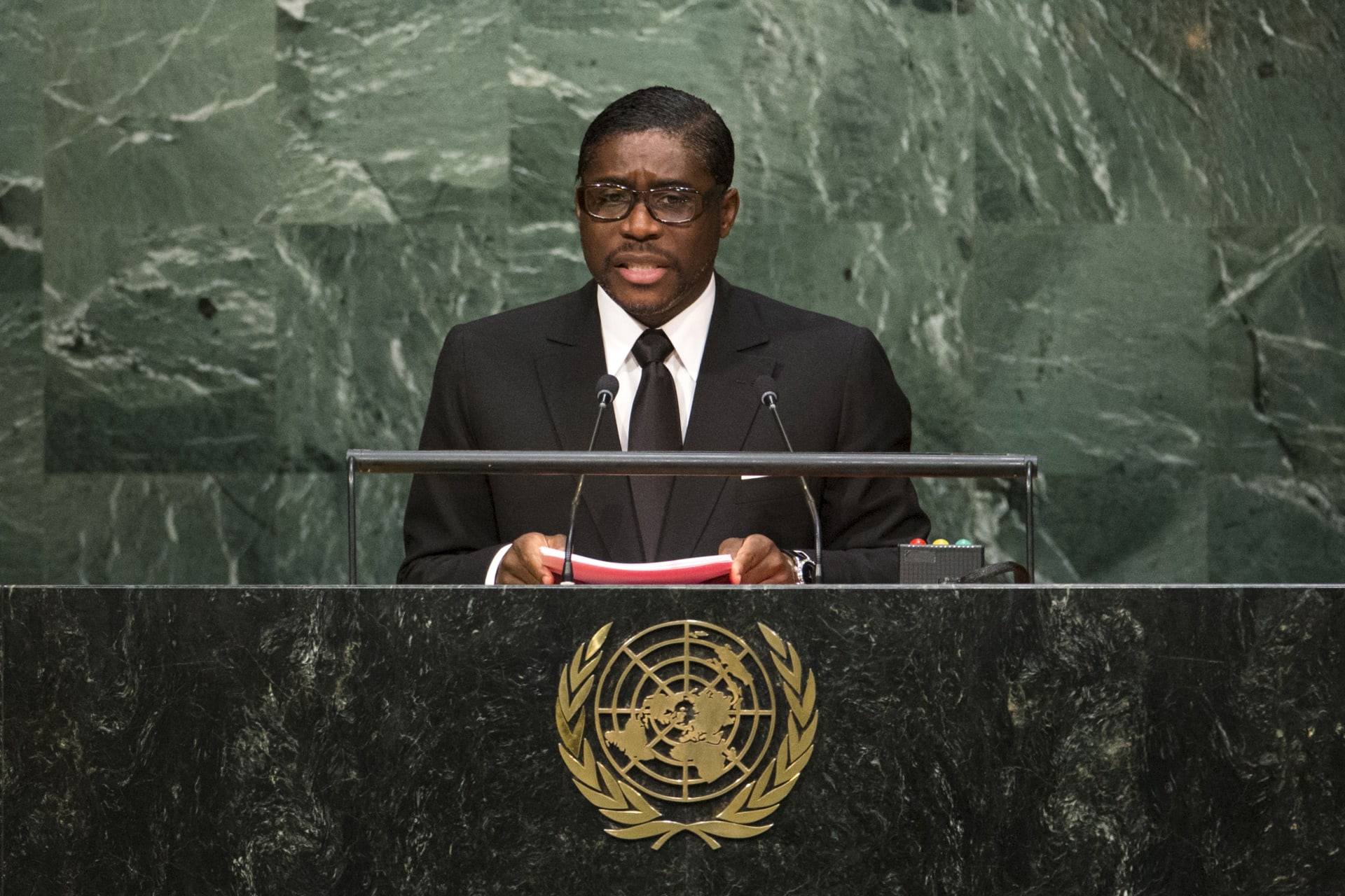 <p>Equatorial Guinea’s Second Vice-President Teodoro Nguema Obiang Mangue addresses attendees during the 70th session of the United Nations General Assembly at the UN Headquarters in New York, September 30, 2015.</p>
