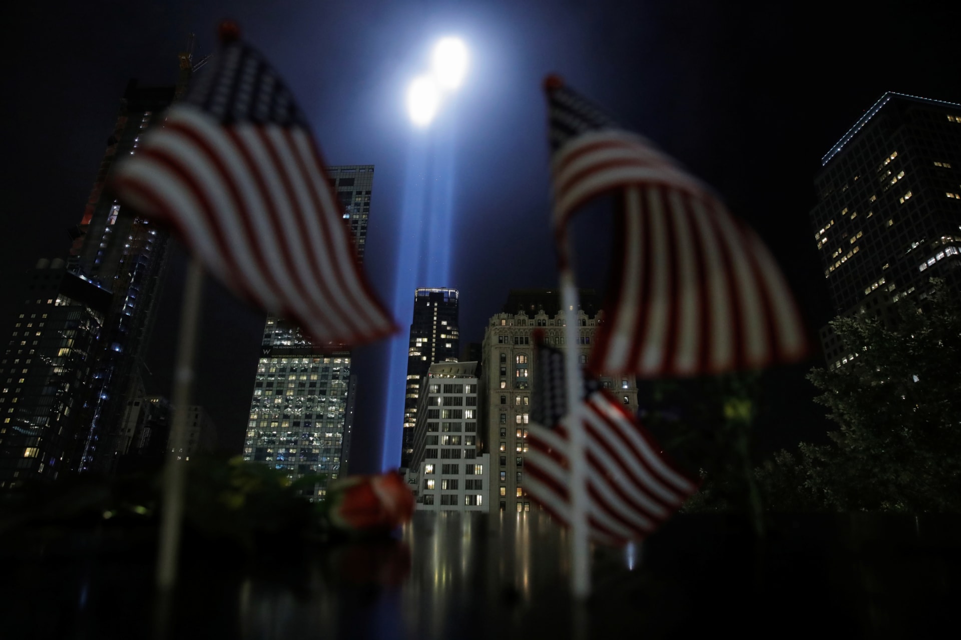 <p>The Tribute in Light installation as seen from The National September 11 Memorial and Museum marking the seventeenth anniversary of the 9/11 attacks in New York City. </p>
