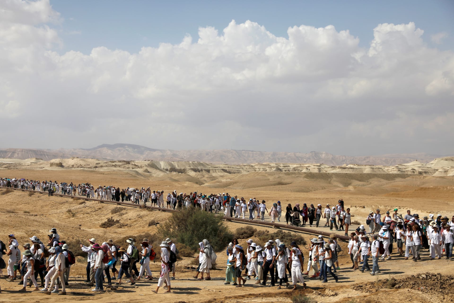 <p>Palestinian and Israeli women march together near the Jordan River, as part of an event organized by “Women Wage Peace,” which calls for an end to the Israeli-Palestinian conflict. October 8, 2017. </p>
