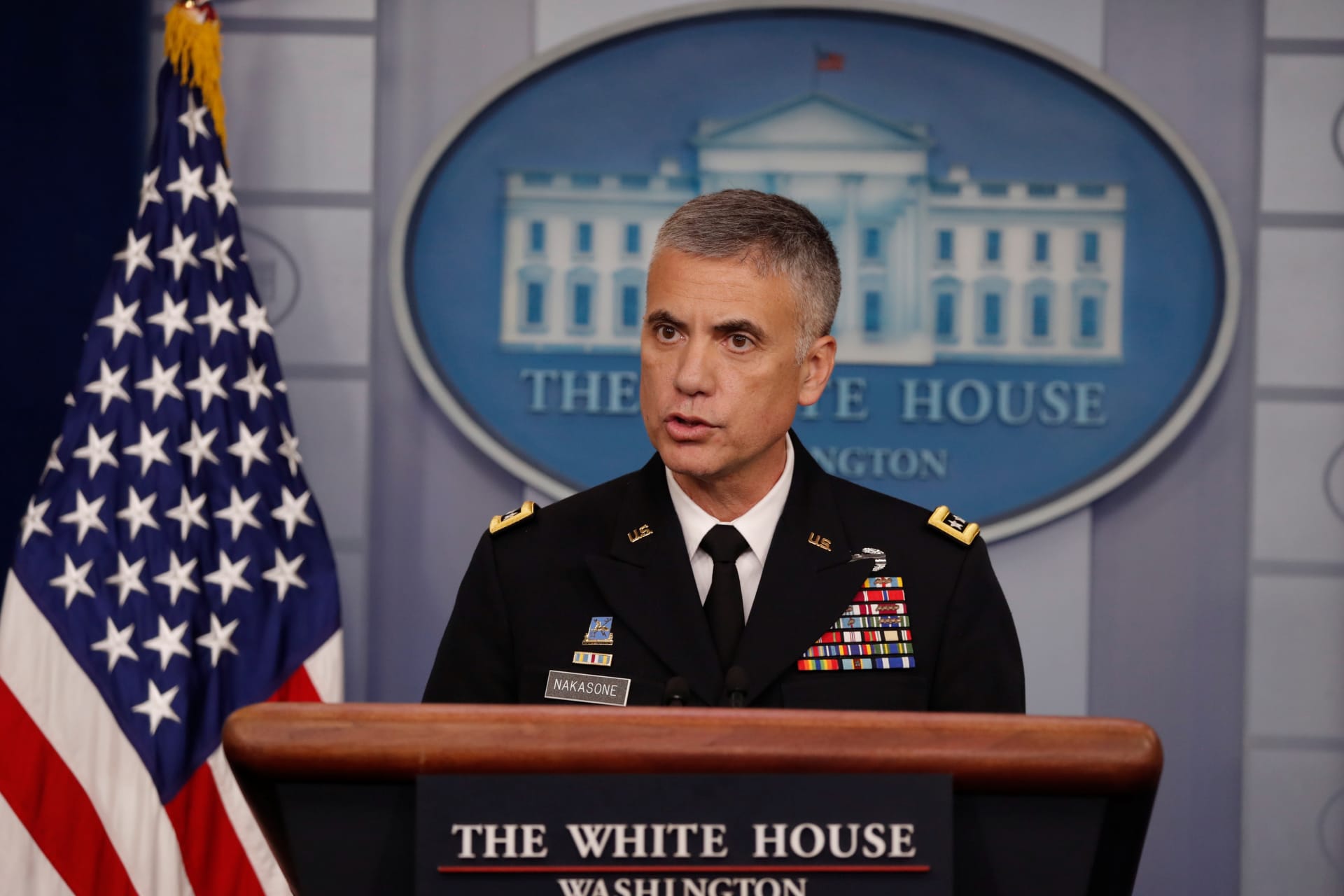 <p>National Security Agency Director General Paul Nakasone addresses a briefing on election security in the White House press briefing room at the White House on August 2, 2018. </p>