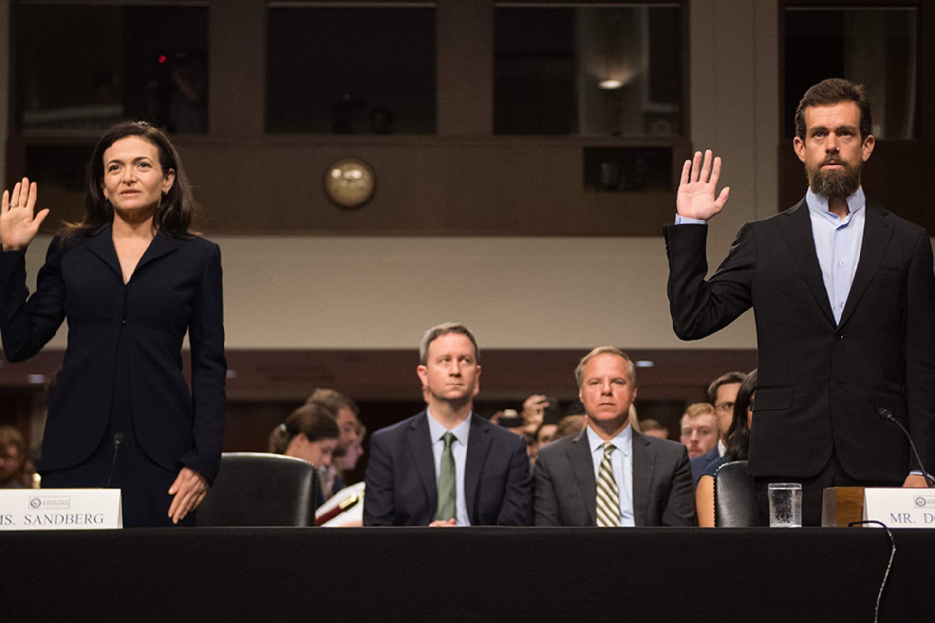 <p>CEO of Twitter Jack Dorsey and Facebook COO Sheryl Sandberg are sworn in to testify before the Senate Intelligence Committee on Capitol Hill in Washington, DC, on September 5, 2018.</p>
