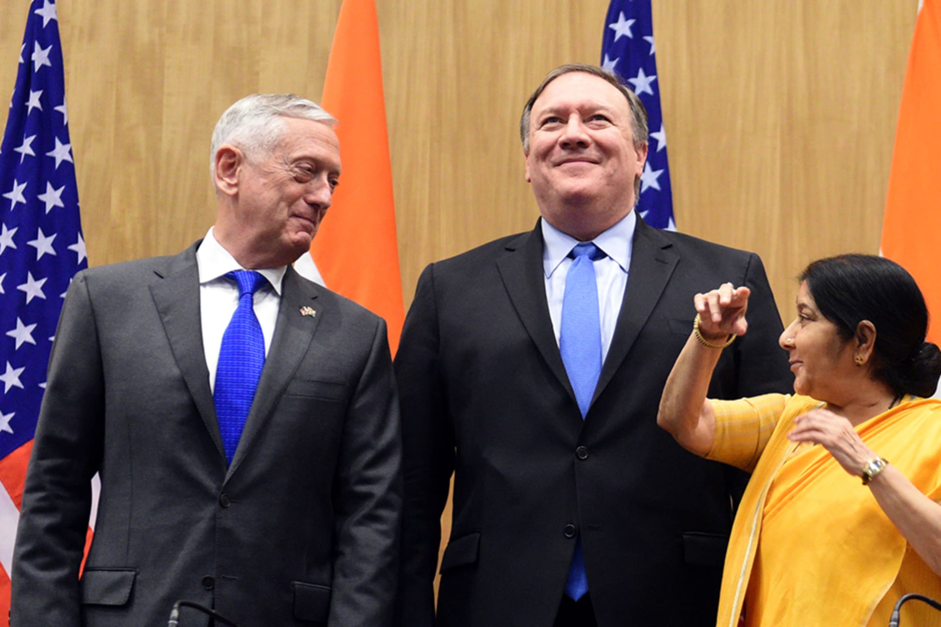 <p>External Affairs Minister Sushma Swaraj speaks with Secretary of Defense Jim Mattis and Secretary of State Mike Pompeo during their meeting in New Delhi. </p>
