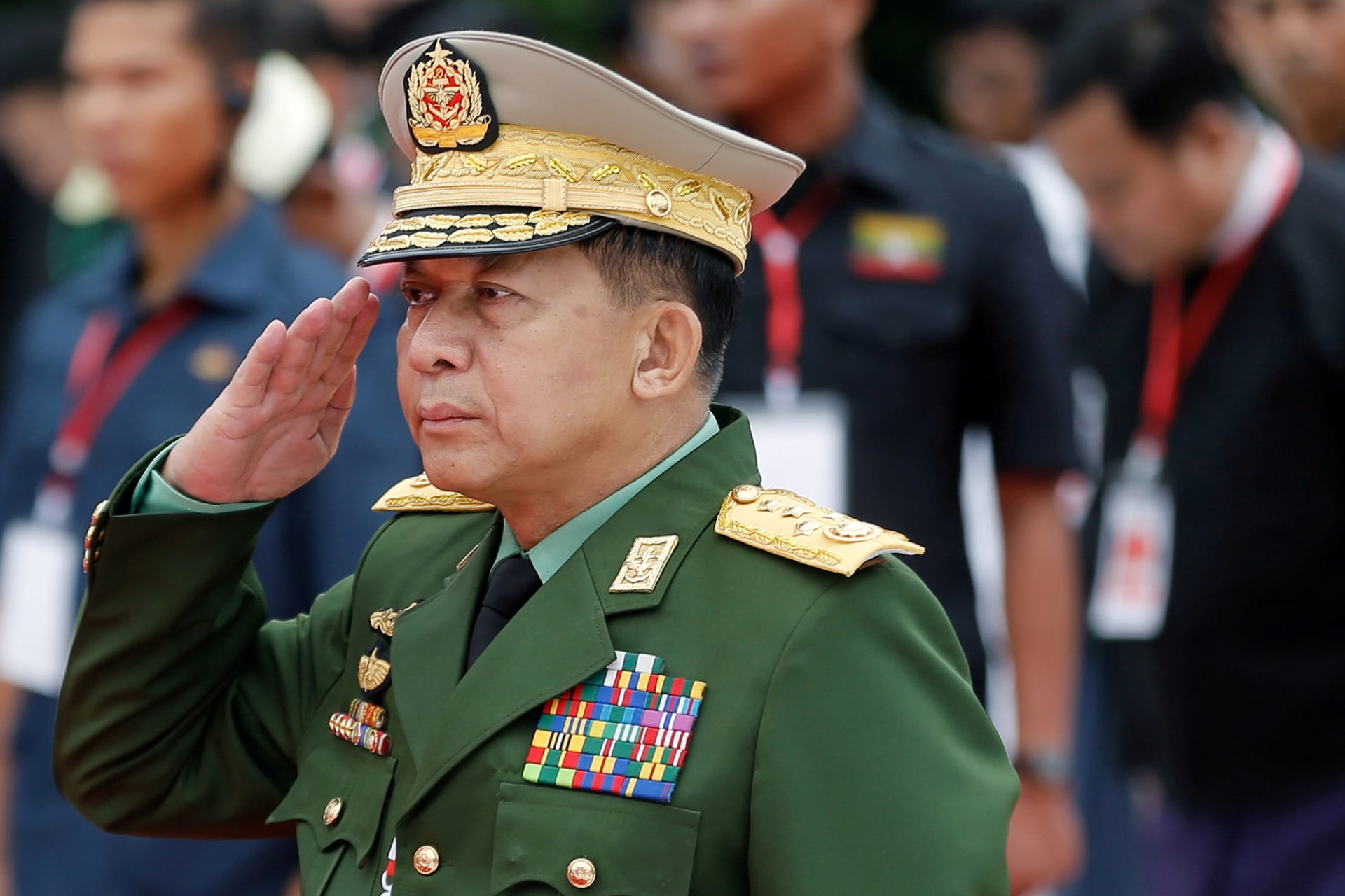 <p>Myanmar’s Commander in Chief Senior General Min Aung Hlaing salutes as he attends an event marking Martyrs’ Day at Martyrs’ Mausoleum in Yangon, Myanmar on July 19, 2018.</p>
