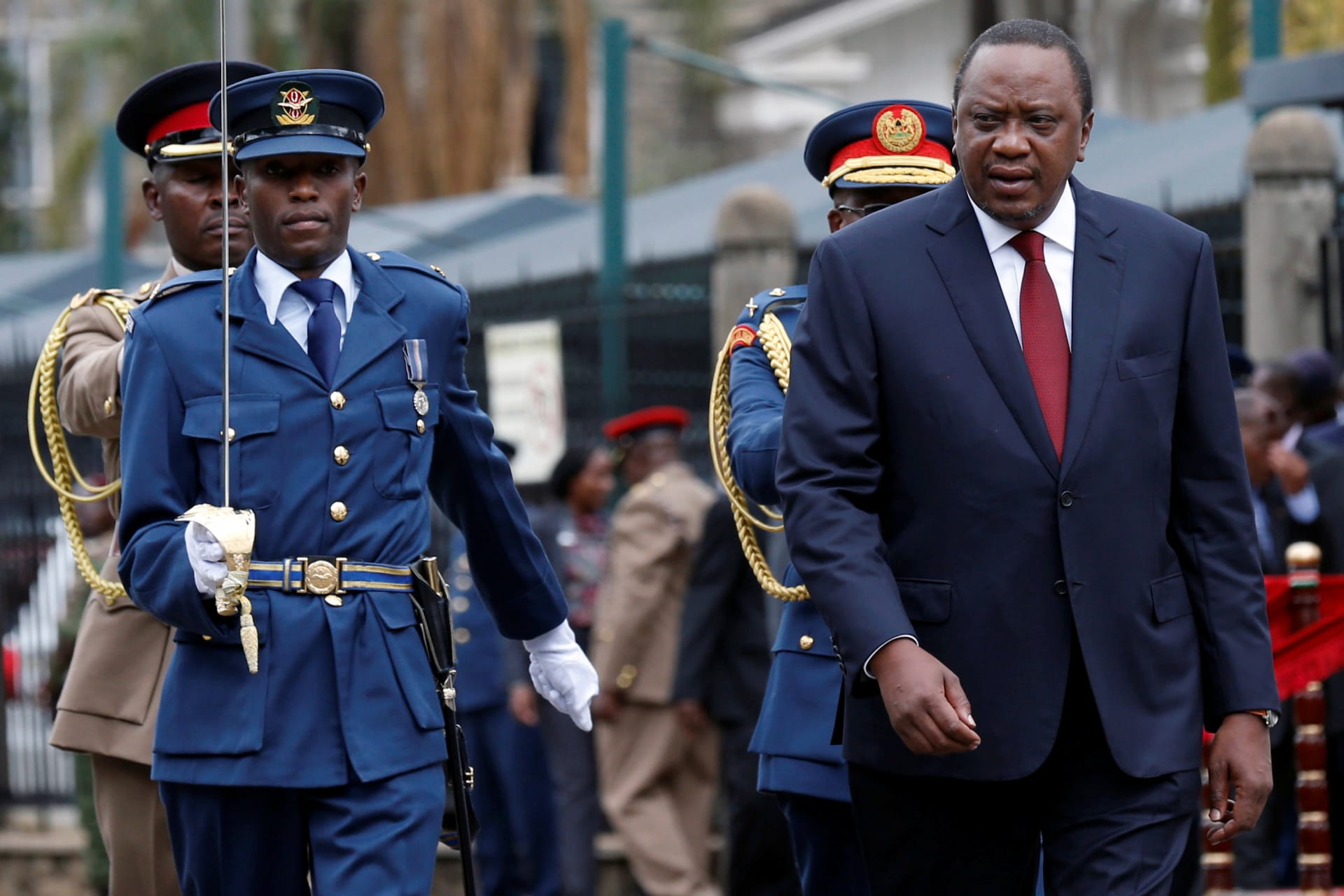 <p>Kenya’s President Uhuru Kenyatta arrives to inspect a guard of honor before the annual State of the Nation address at the Parliament Buildings in Nairobi, Kenya May 2, 2018.</p>

