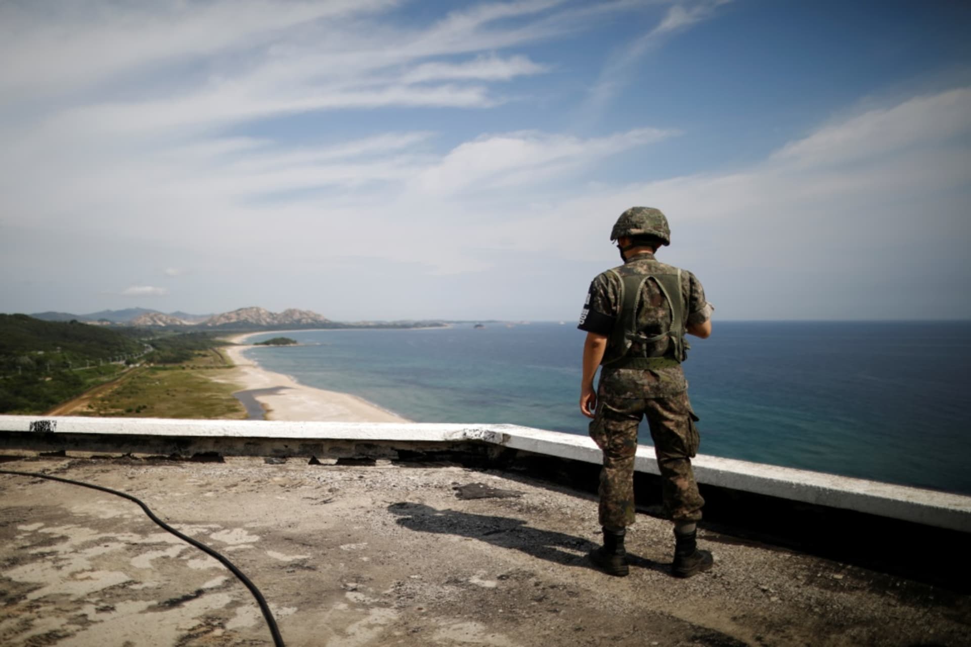 <p>A South Korean soldier stands guard at the Unification Observatory just south of the demilitarized zone in Goseong, South Korea, on August 20, 2018.</p>
