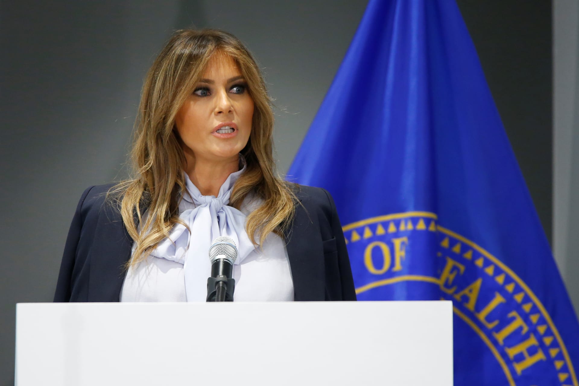 <p>U.S. first lady Melania Trump delivers remarks at the sixth Federal Partners in Bullying Prevention (FPBP) Cyberbullying Prevention Summit in Rockville, Maryland, U.S., August 20, 2018.</p>
