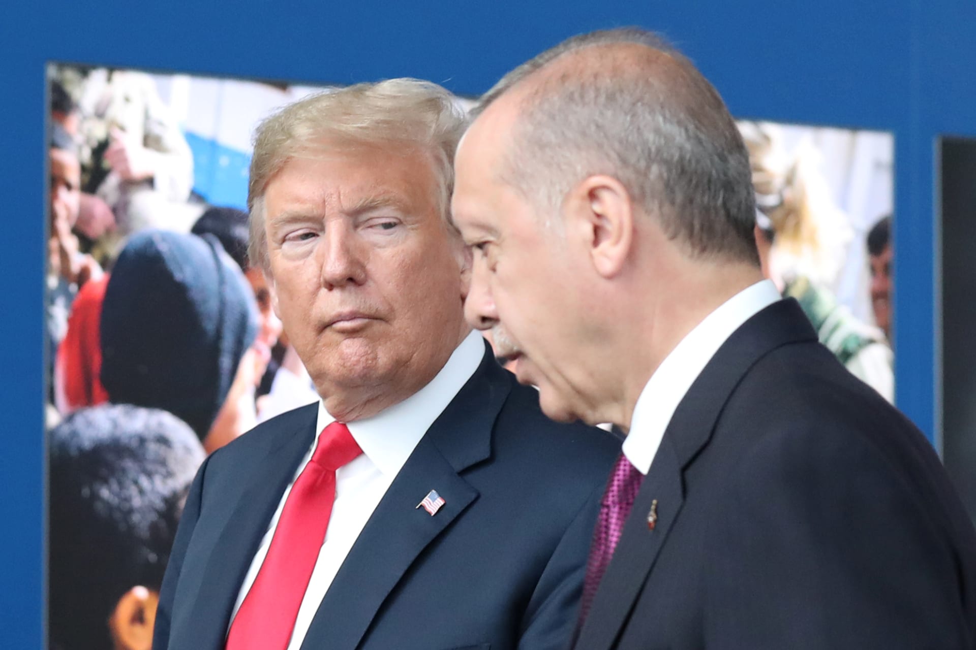 <p>U.S. President Donald Trump talks to Turkey’s President Recep Tayyip Erdogan at NATO headquarters in Brussels, Belgium July 11, 2018</p>
