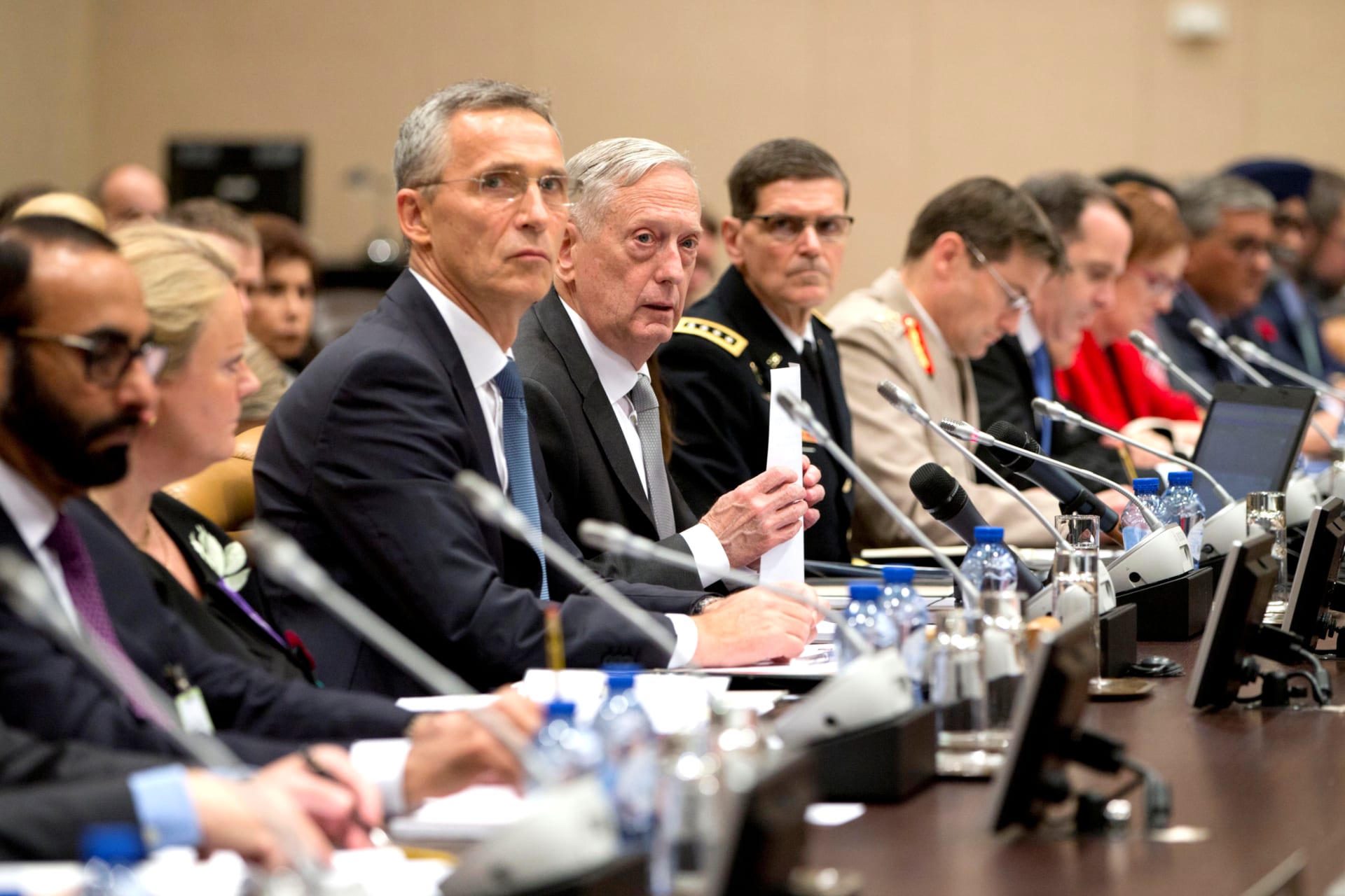<p>U.S. Secretary of Defense Jim Mattis and NATO Secretary General Jens Stoltenberg at a 2017 meeting of NATO defense ministers and the Coalition to Defeat the Islamic State at NATO headquarters in Brussels, Belgium.</p>
