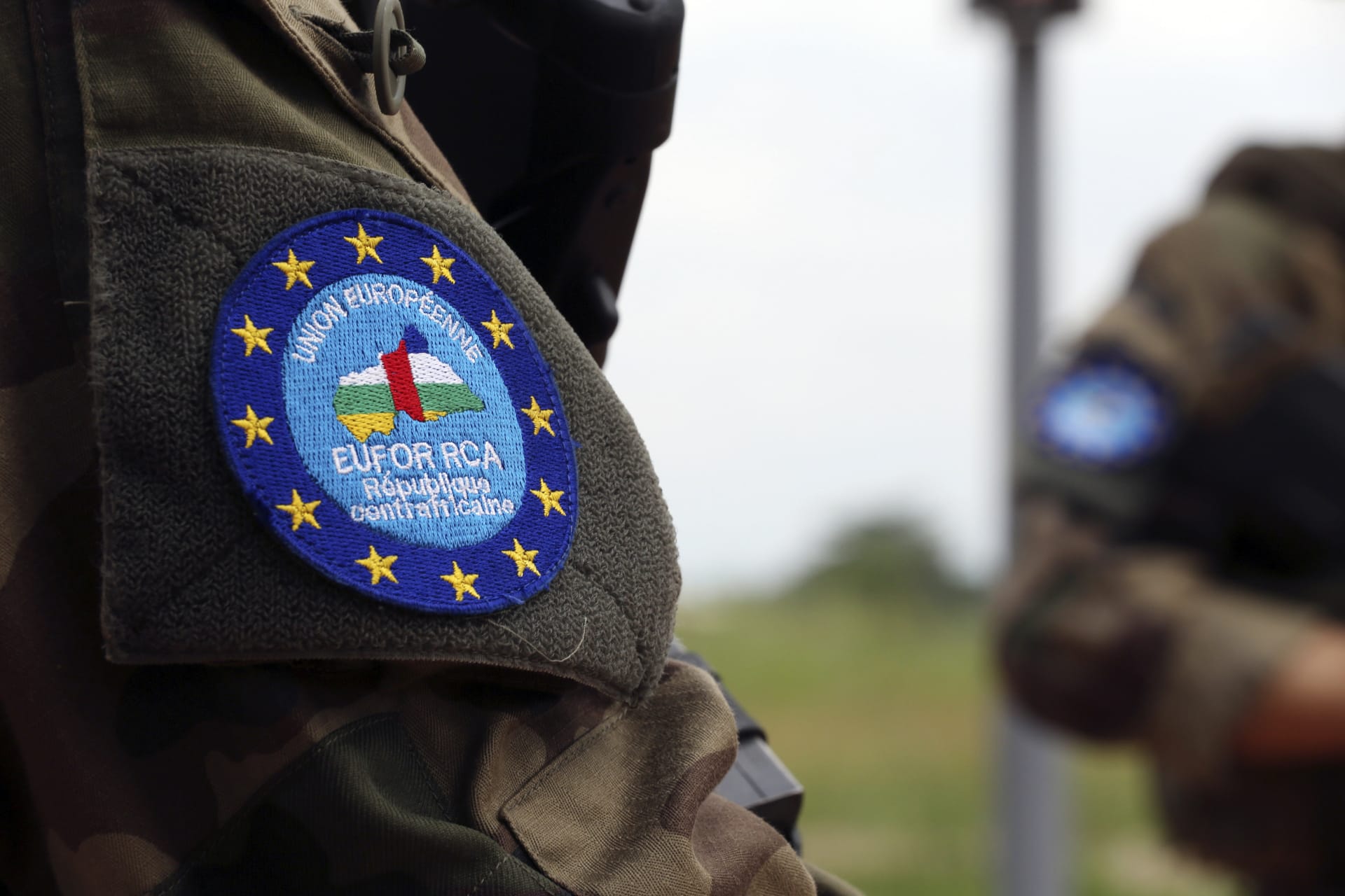 <p>The logo of the European Union peacekeeping force in the Central African Republic is seen on a French soldier’s uniform at an airport checkpoint in Bangui, Central African Republic. </p>
