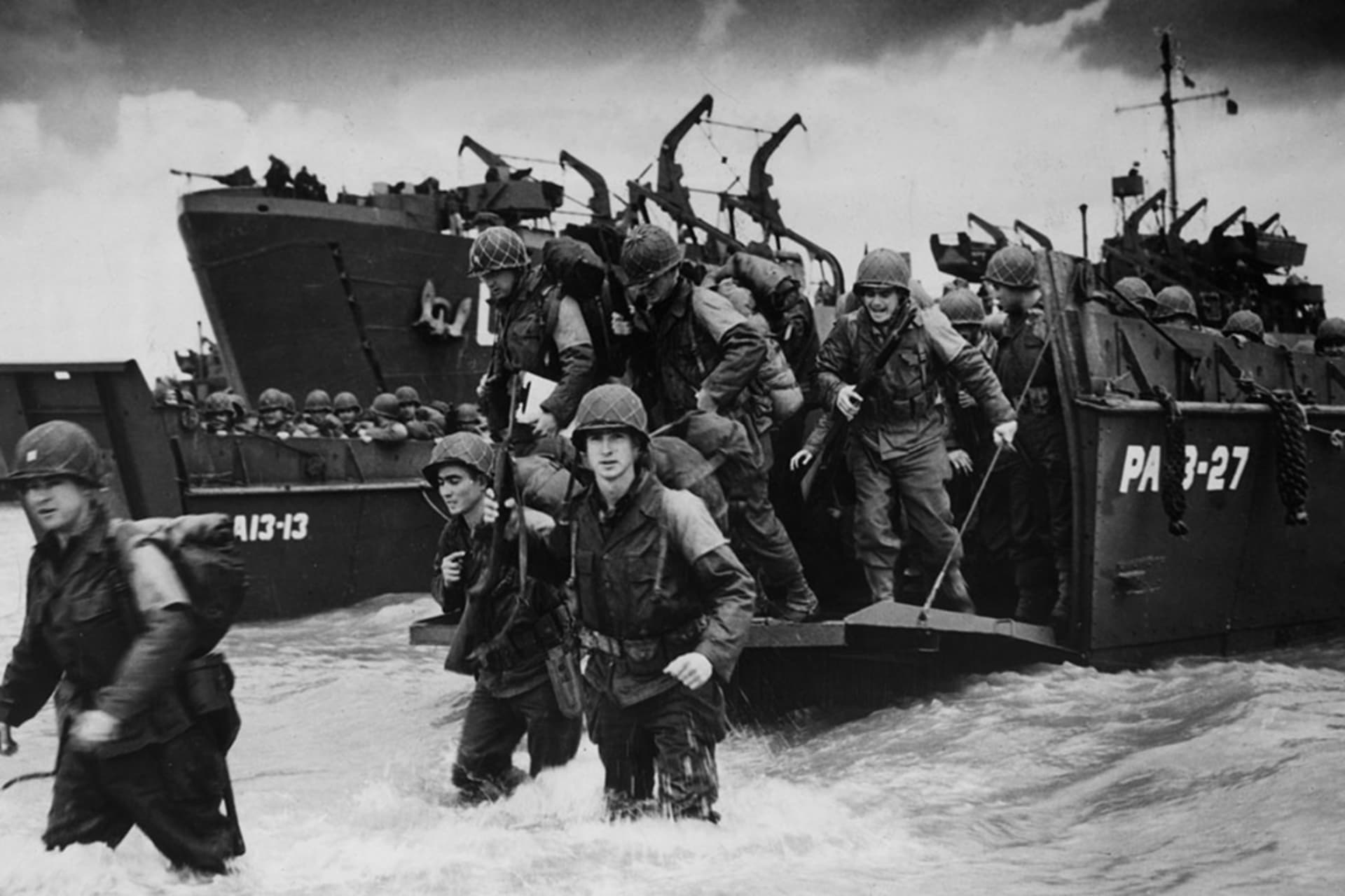 <p>Troops disembark from a barge during the allied landings in Normandy, France, on June 6, 1944. The landings were a turning point in the allied campaign against Nazi Germany in World War II.</p>
