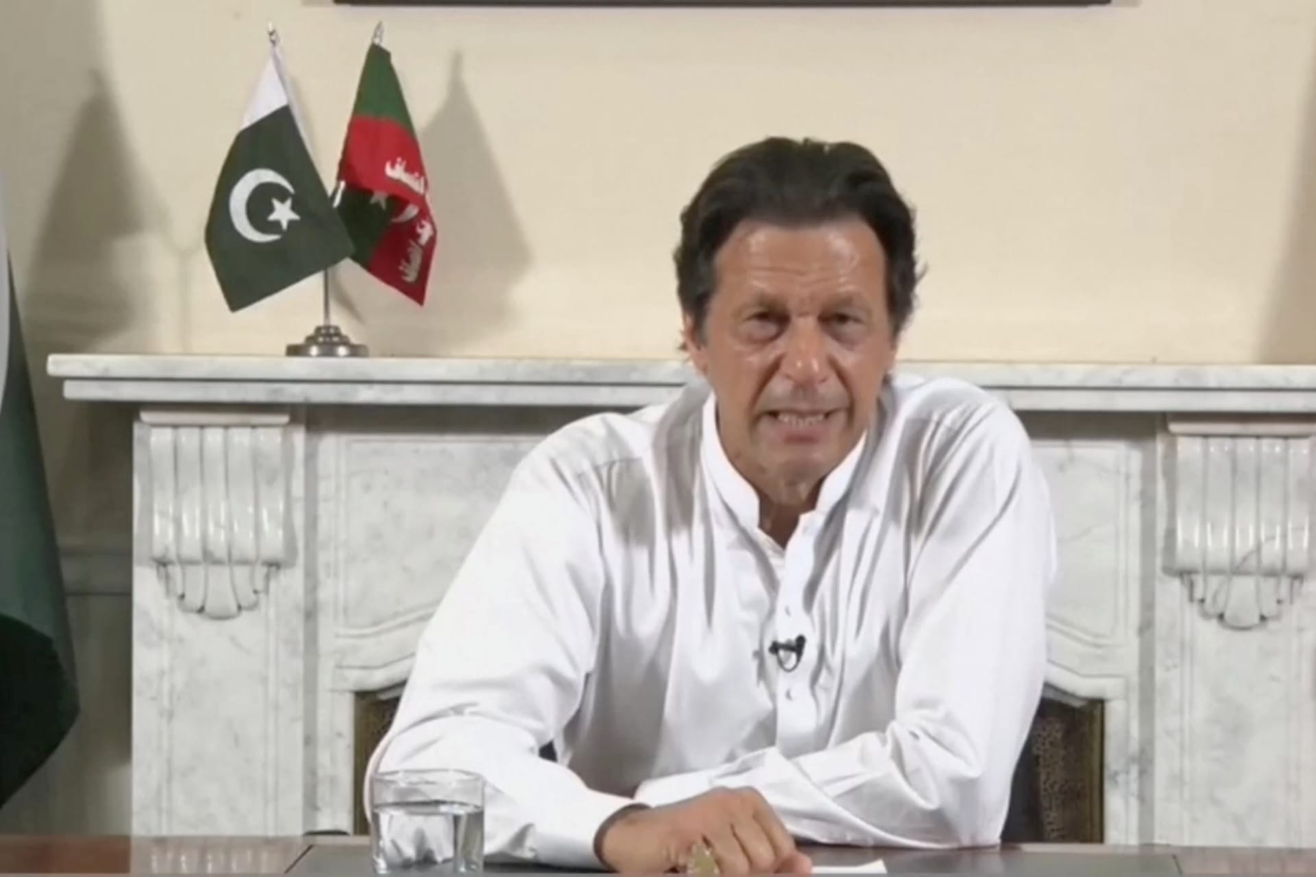 <p>Imran Khan, chairman of Pakistan Tehreek-e-Insaaf (PTI), gives a speech as he declares victory in the general election in Islamabad, Pakistan, in this still image from a July 26, 2018 handout video. </p>
