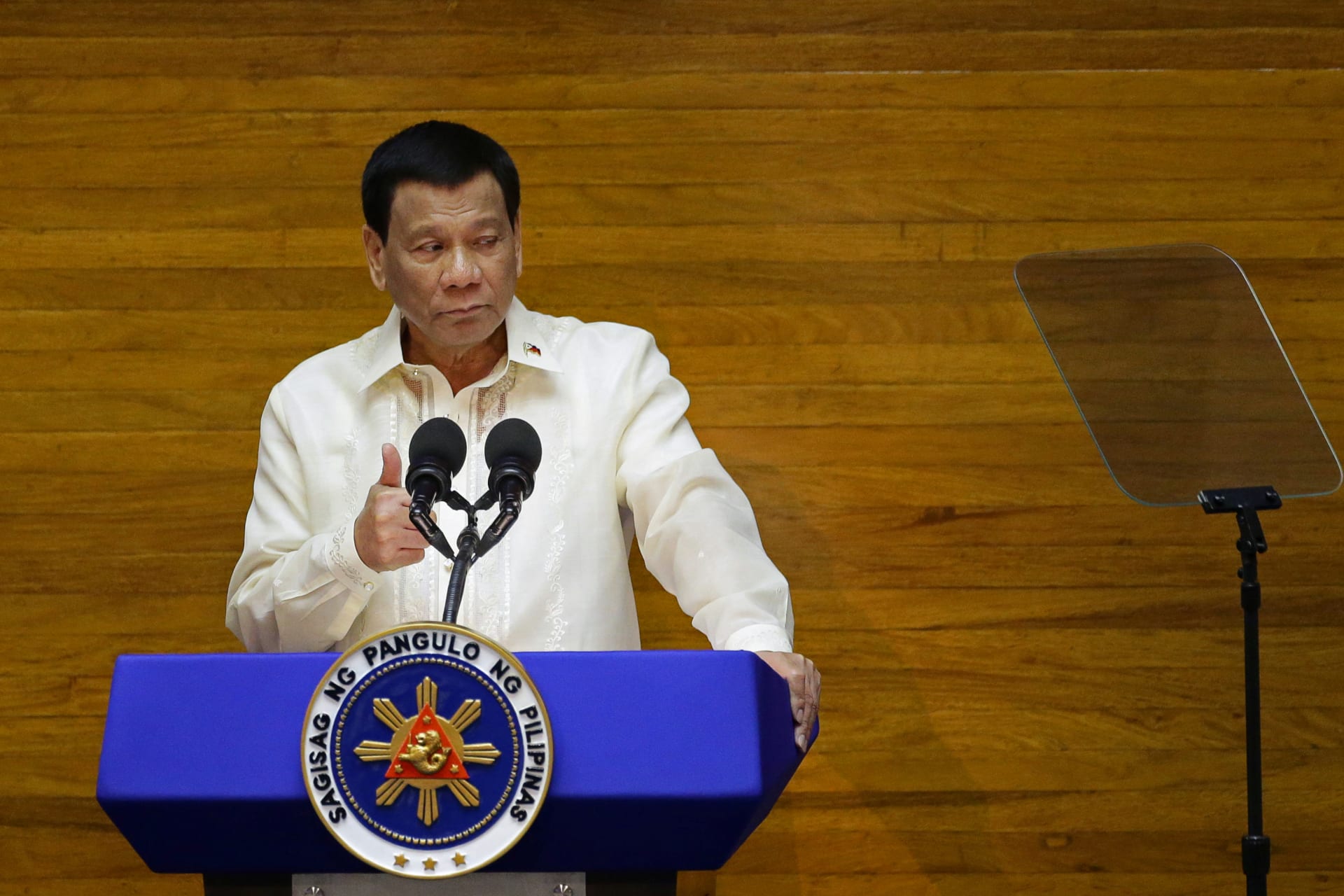 <p>Philippine President Rodrigo Duterte delivers his State of the Nation address at the House of Representatives in Quezon City, Metro Manila, Philippines on July 23, 2018.</p>
