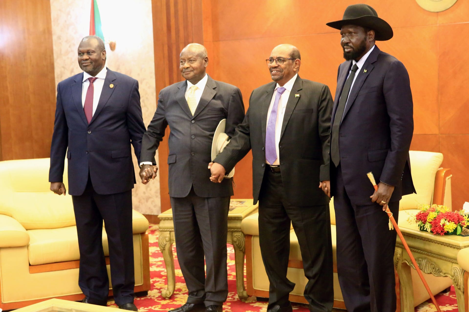 <p>Sudan’s President Omar Al-Bashir with Uganda’s President Yoweri Museveni, South Sudan’s President Salva Kiir, and South Sudan rebel leader Riek Machar at a South Sudan peace meeting to a civil war that broke out in 2013, in Khartoum, Sudan June 25, 2018.</p>
