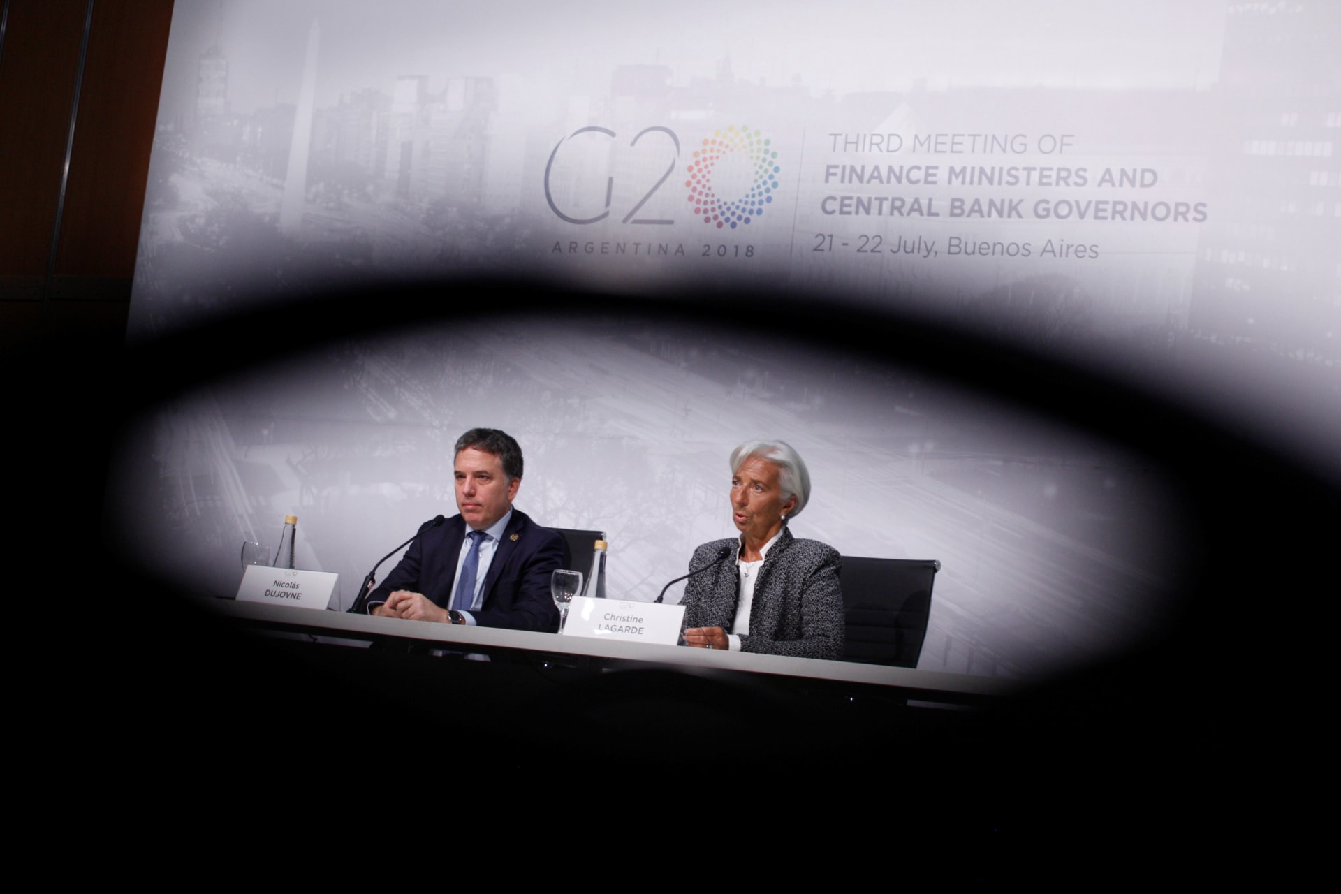 <p>International Monetary Fund (IMF) Managing Director Christine Lagarde and Argentina’s Treasury Minister Nicolas Dujovne attend a news conference in Buenos Aires, Argentina, July 21, 2018.</p>
