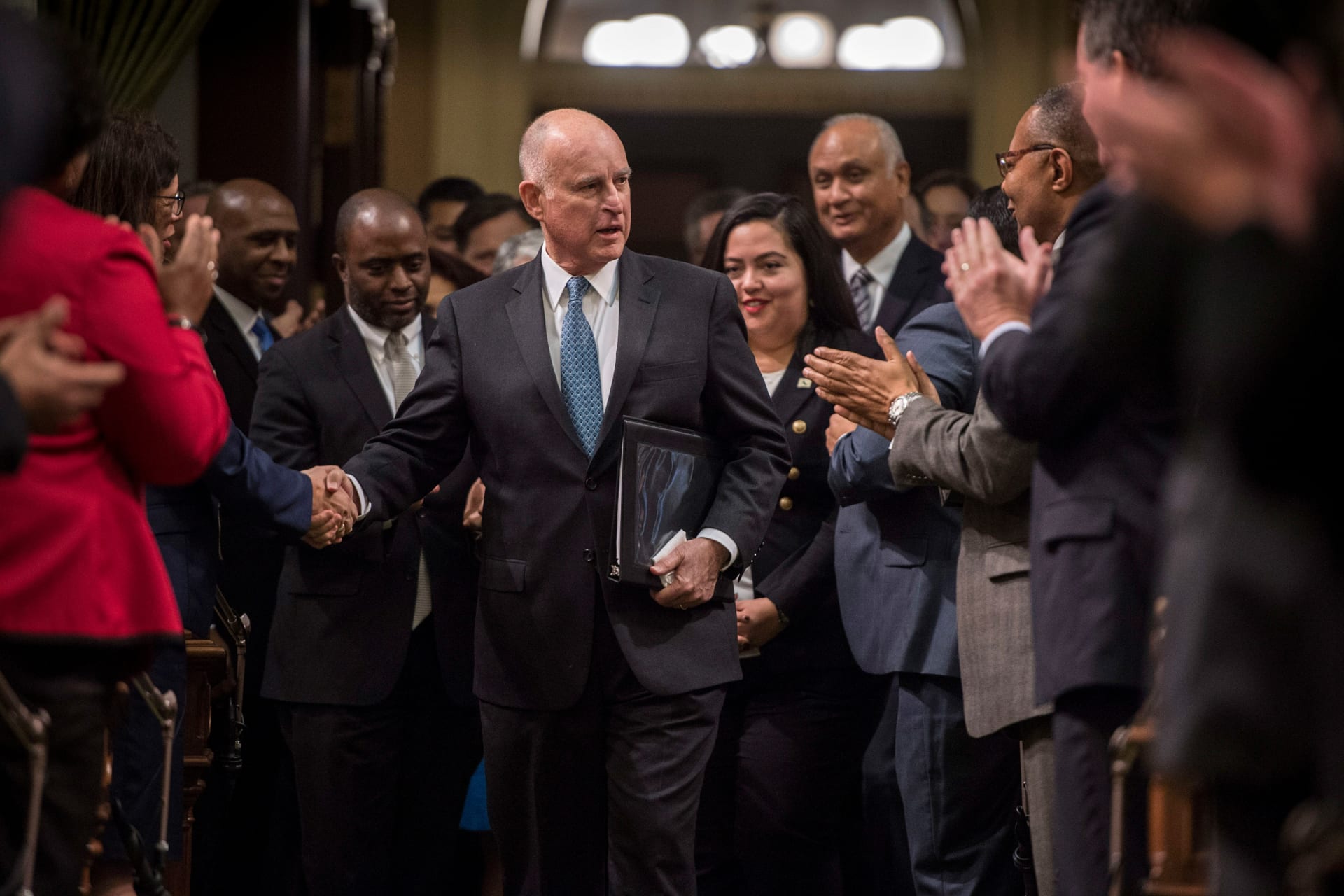 <p>Governor Jerry Brown delivers his final State of the State address in Sacramento, California, U.S. on January 25, 2018.</p>
