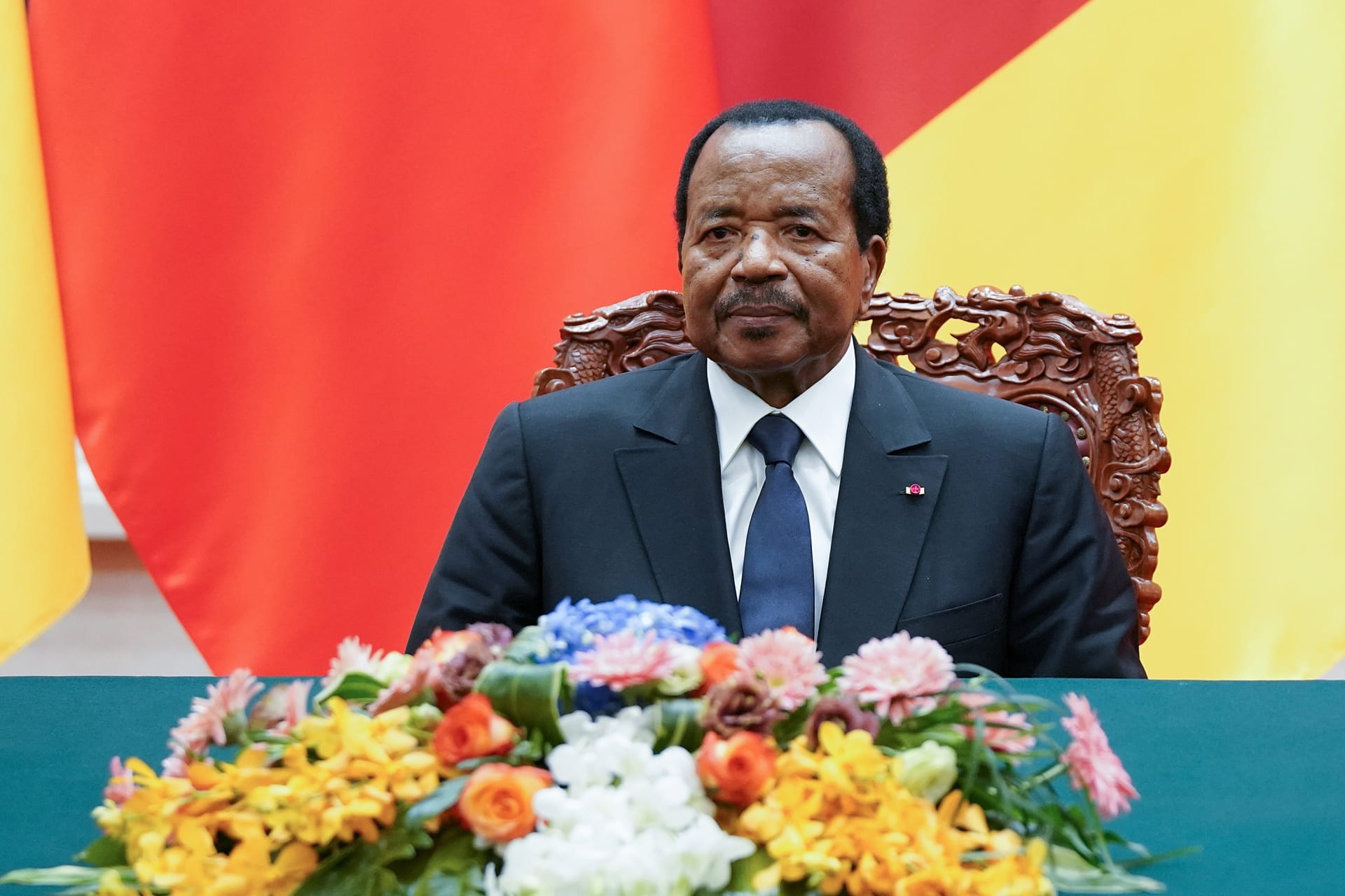 <p>President of Cameroon Paul Biya with Chinese President Xi Jinping (not pictured) attend a signing ceremony at The Great Hall Of The People in Beijing, China March 22, 2018. </p>
