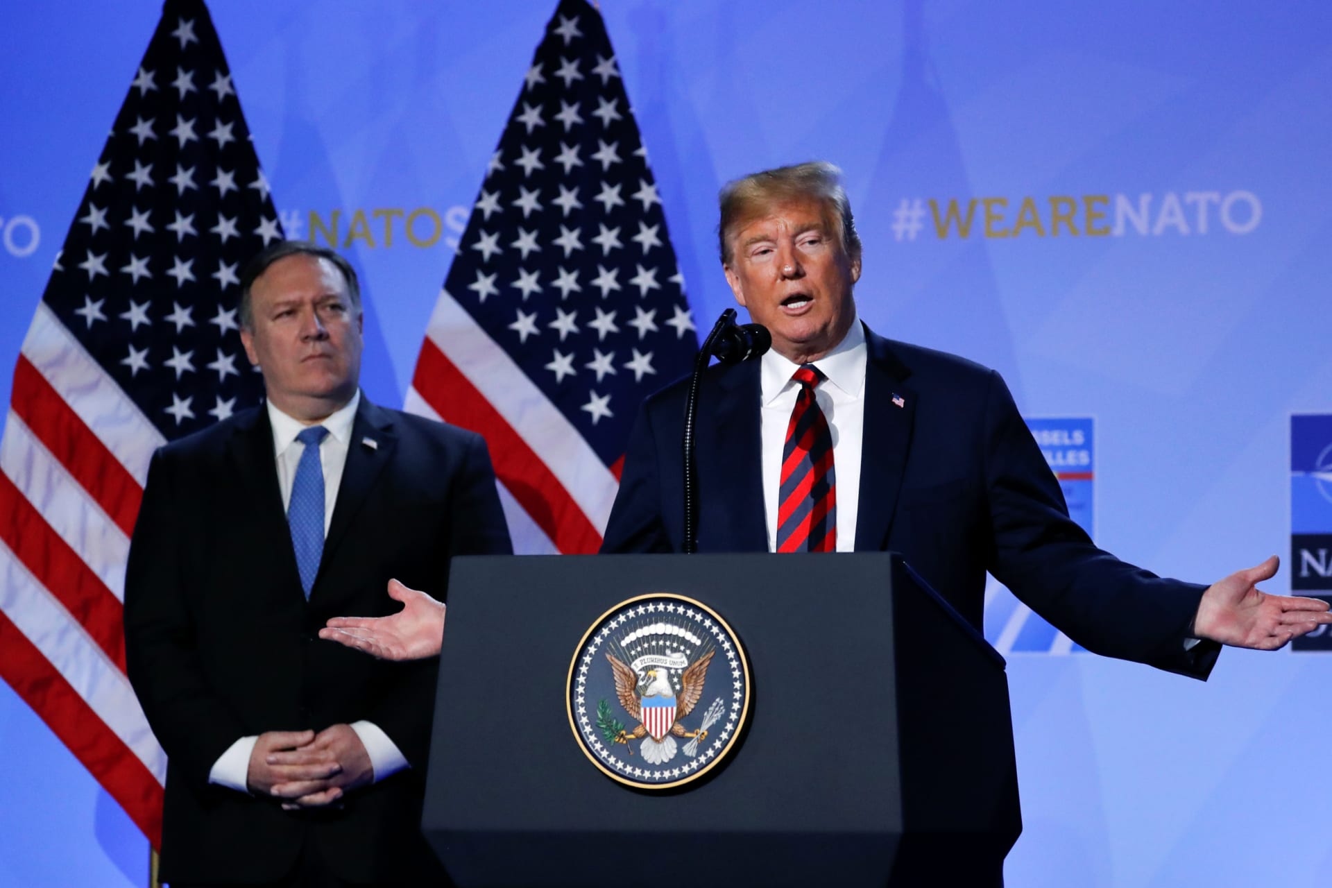 <p>Acting U.S. Secretary of State Mike Pompeo looks on as U.S. President Donald Trump holds a news conference after participating in the NATO Summit in Brussels, Belgium July 12, 2018. </p>
