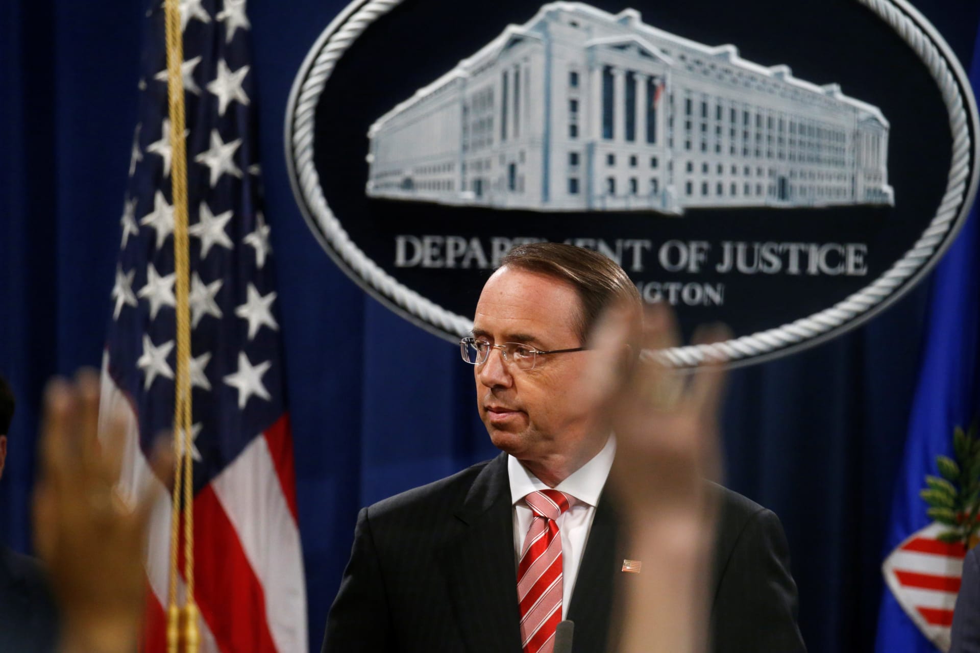 <p>Deputy U.S. Attorney General Rod Rosenstein takes questions after announcing grand jury indictments of twelve Russian intelligence officers in special counsel Robert Mueller’s Russia investigation on July 13, 2018.</p>
