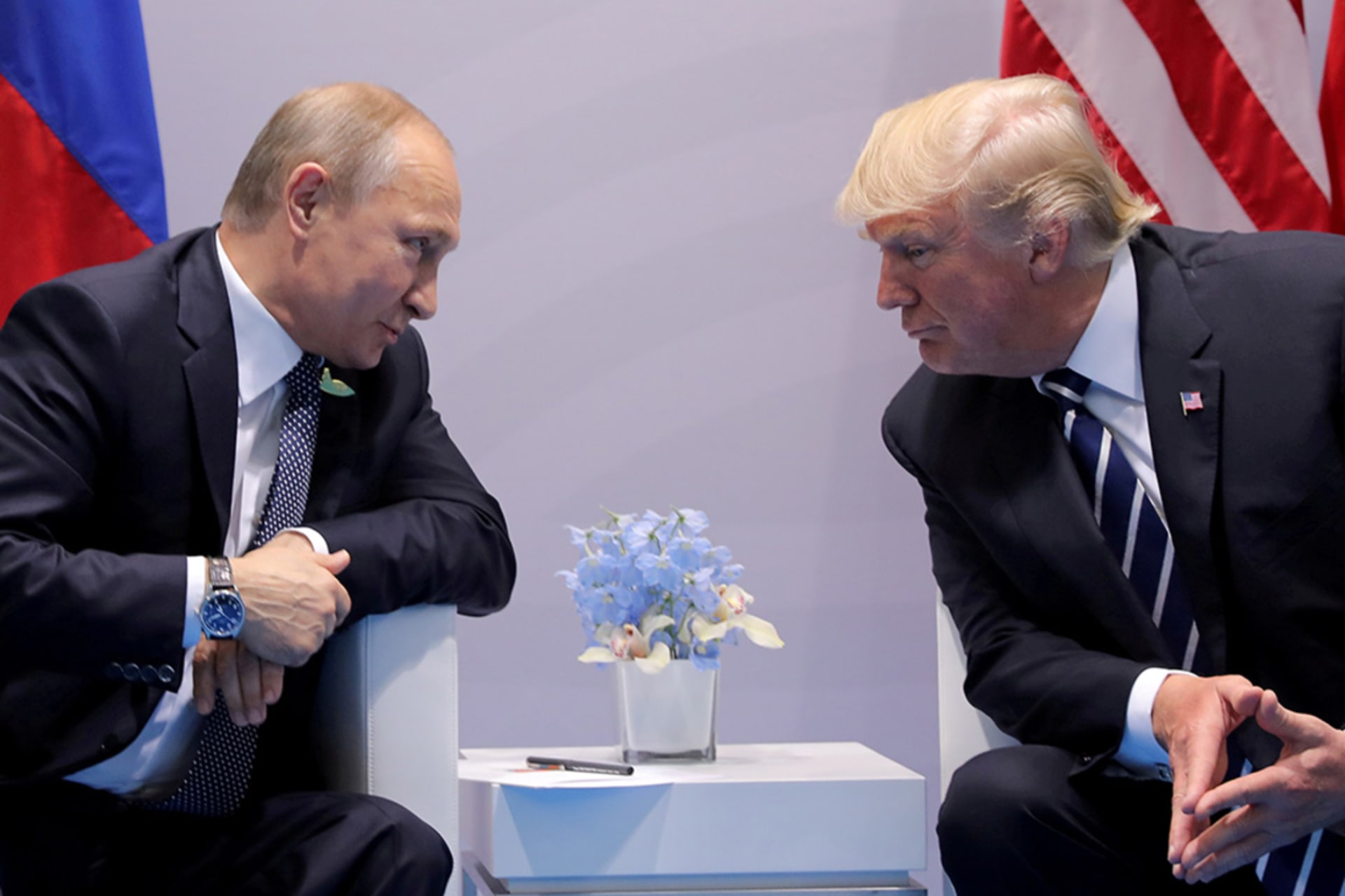<p>Russian President Vladimir Putin talks to U.S. President Donald J. Trump during their bilateral meeting at the G20 summit in Hamburg, Germany.</p>