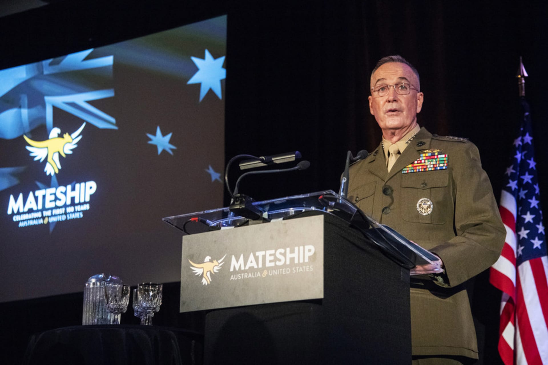 <p>Marine Corps General Joe Dunford, chairman of the Joint Chiefs of Staff, delivers remarks during a reception celebrating 100 Years of Mateship with Australia at Fort Myer, Virginia, on June 27, 2018.</p>

