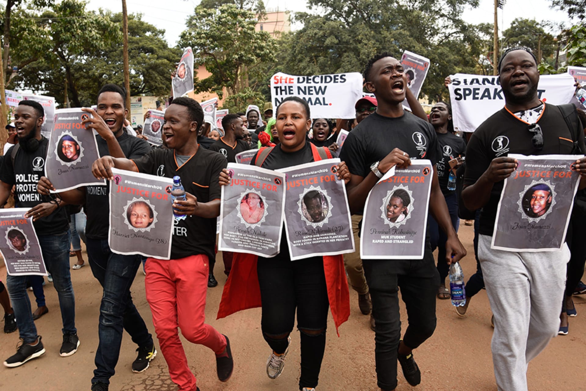 <p>Protesters chant during the womens march demanding police action to stop a spate of kidnapings and murders of women in Kampala, Uganda, on June 30, 2018. </p>
