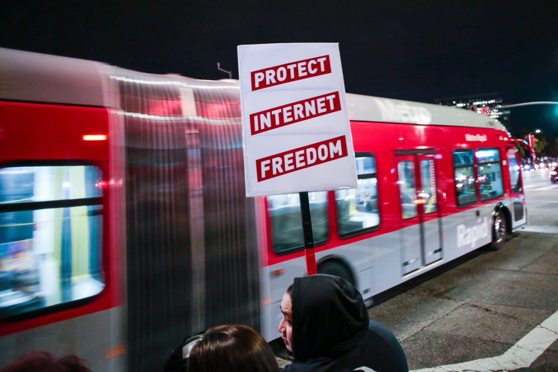 <p>Supporter of Net Neutrality Lance Brown Eyes protests the FCC’s recent decision to repeal the program in Los Angeles on November 28, 2017.</p>
