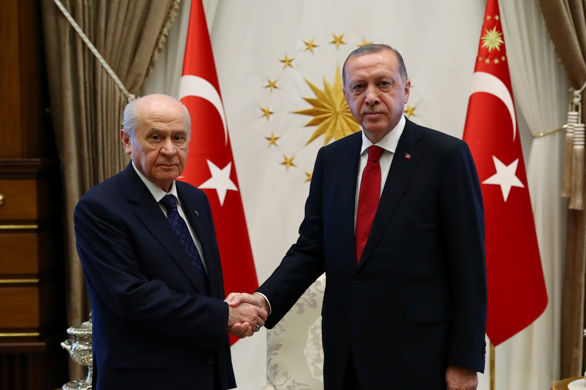 <p>Turkish President Tayyip Erdogan meets with Nationalist Movement Party leader Devlet Bahceli in Ankara, Turkey, on June 27, 2018. </p>
