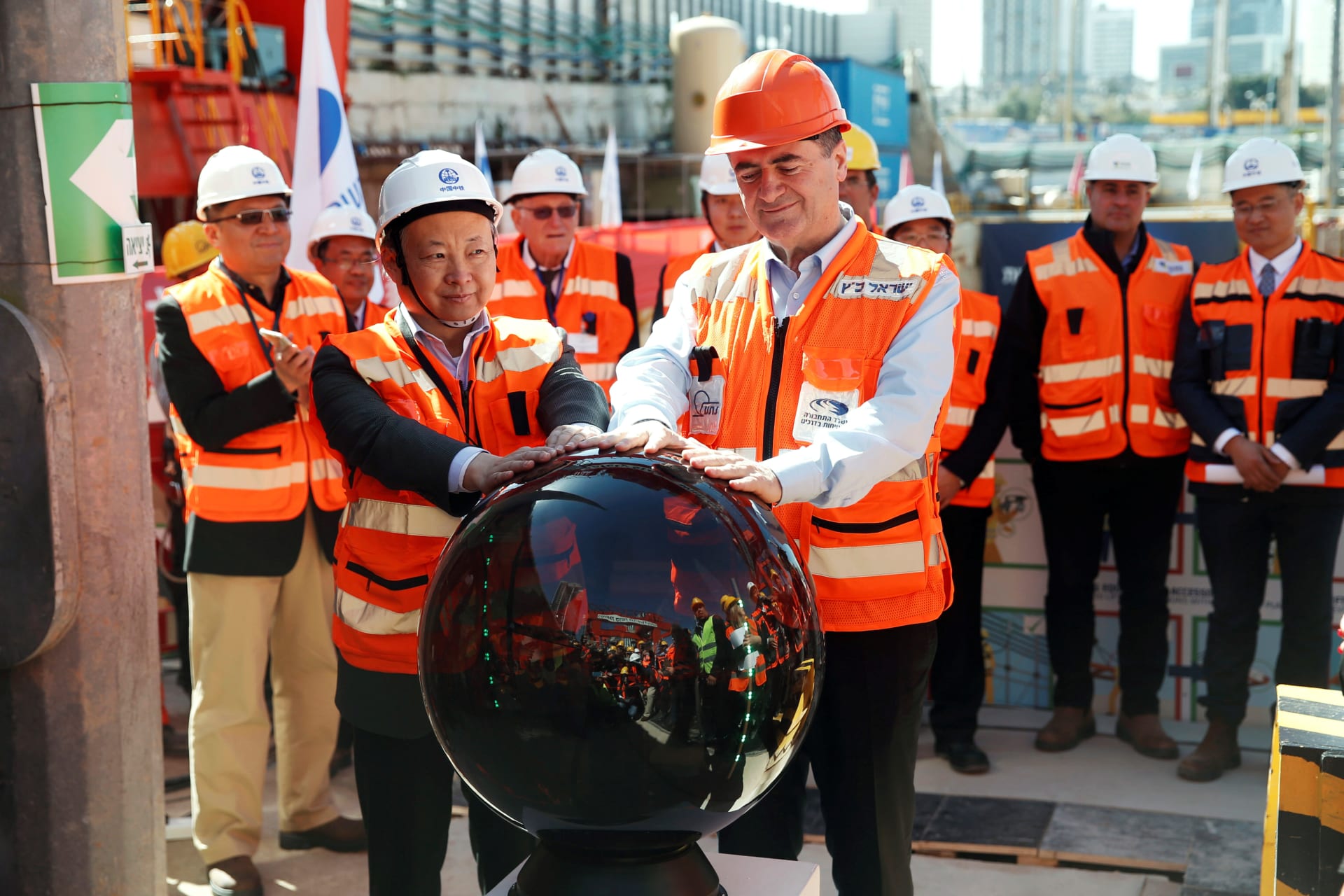 <p>Israeli Transportation Minister Yisrael Katz and employees of China Railway Engineering Corporation mark the beginning of underground construction work on a light rail project in Tel Aviv. </p>
