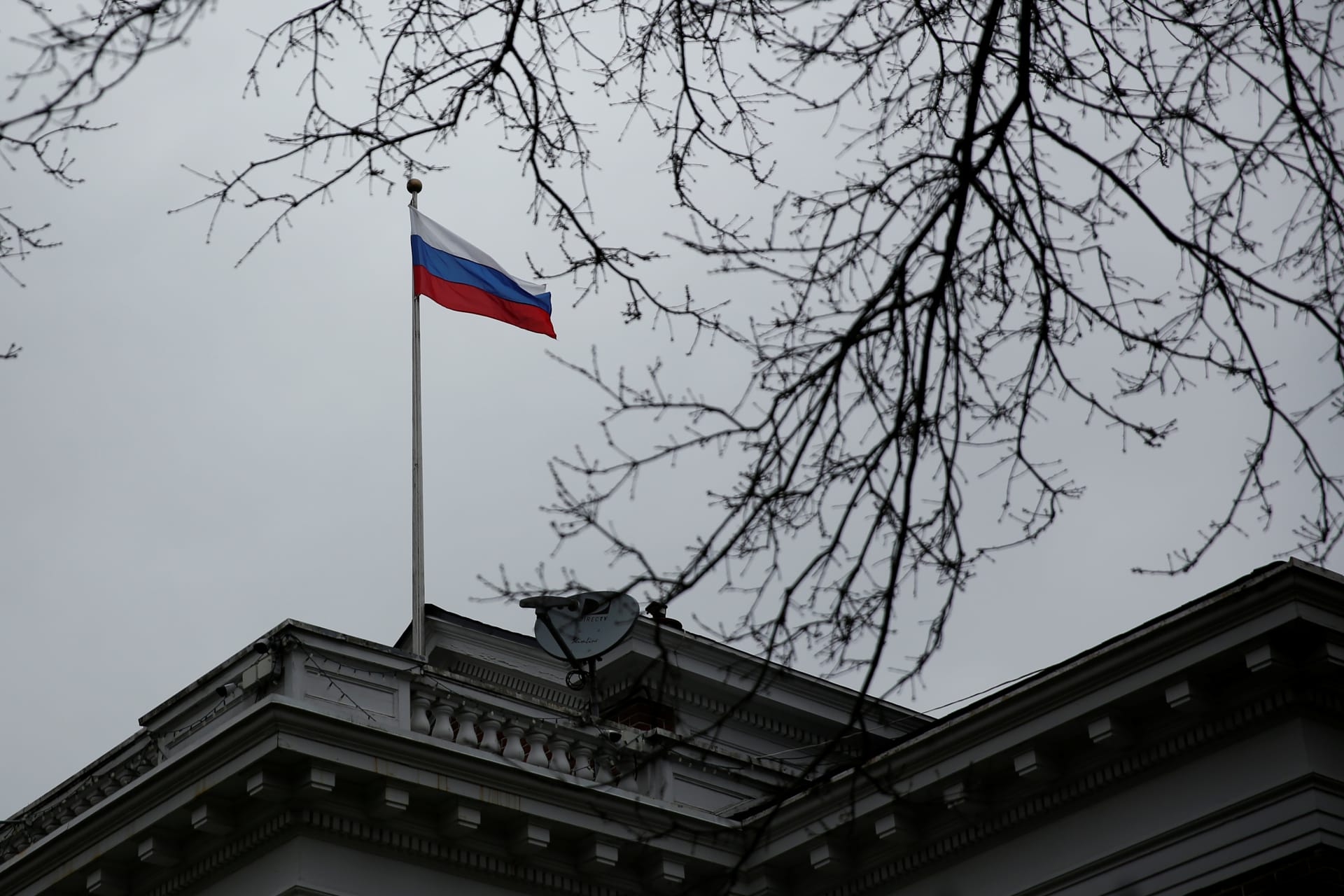 <p>A Russian flag flies atop the Consulate General of the Russian Federation in Seattle on March 26, 2018.</p>
