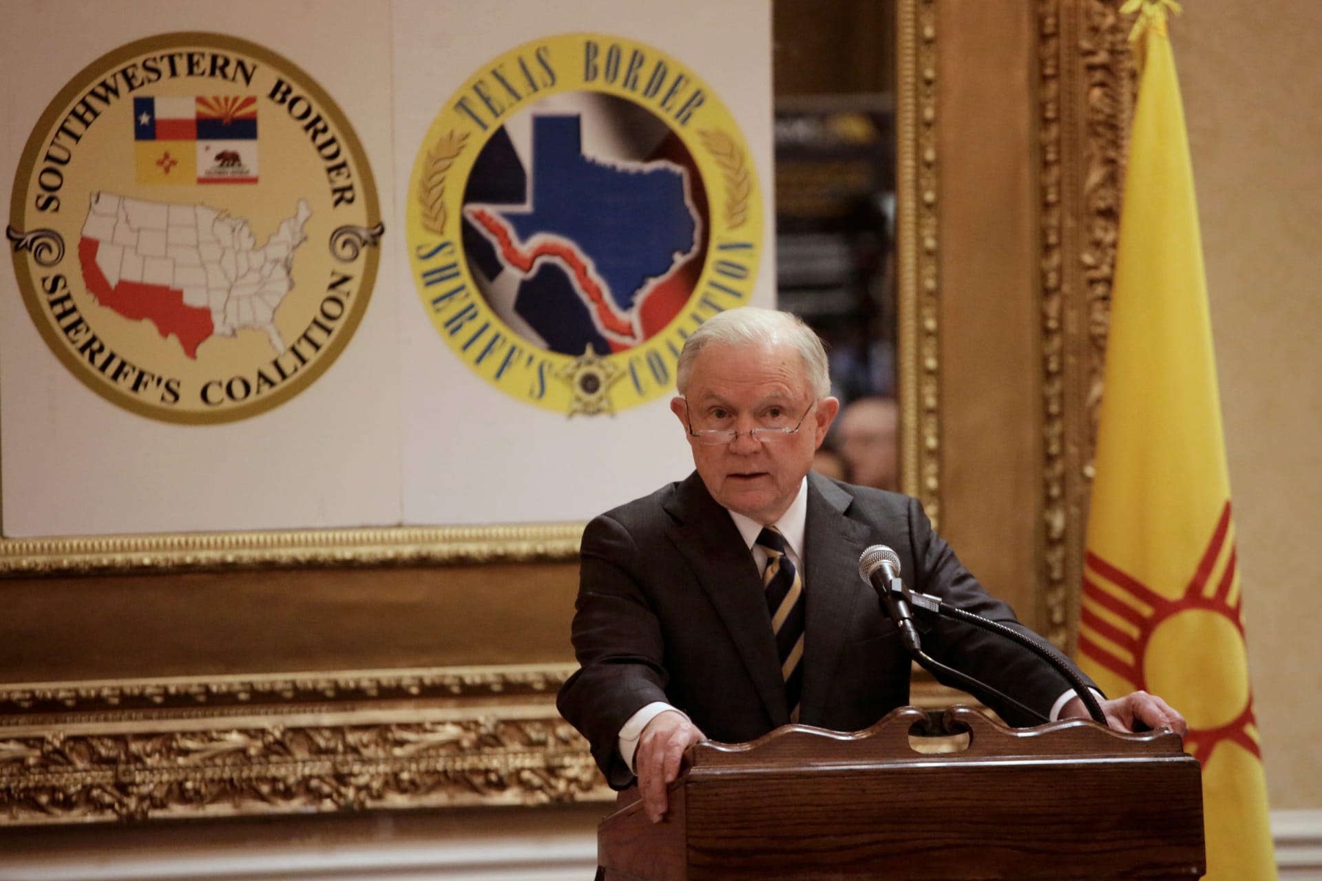 <p>Attorney General Jeff Sessions delivers remarks on immigration enforcement during the Sheriff’s Coalition Annual Spring Meeting in Las Cruces, New Mexico, U.S, April 11, 2018.</p>
