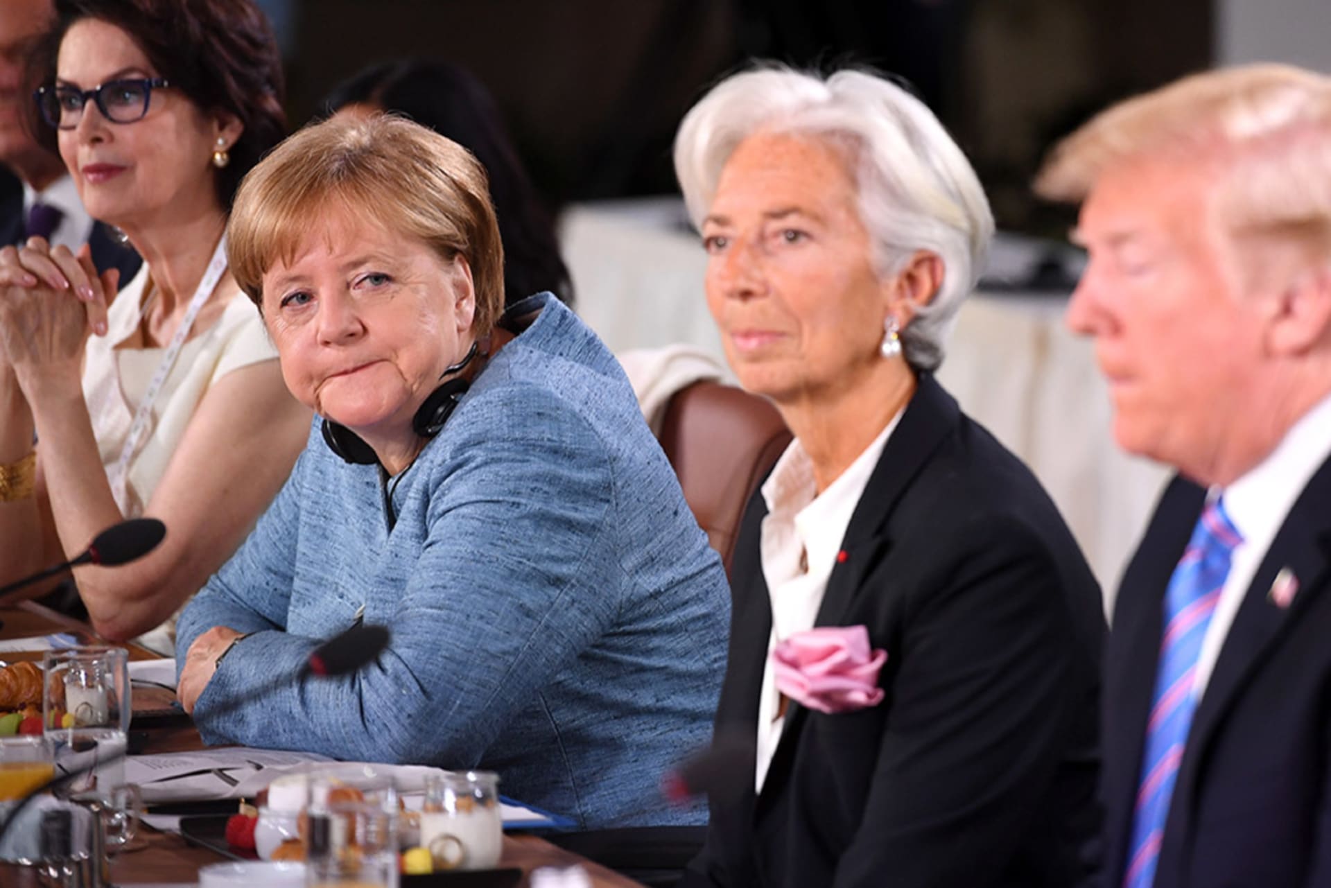 <p>German Chancellor Angela Merkel looks towards U.S. President Donald J. Trump on the second day of the G7 summit on June 9, 2018 in Quebec City, Canada. </p>