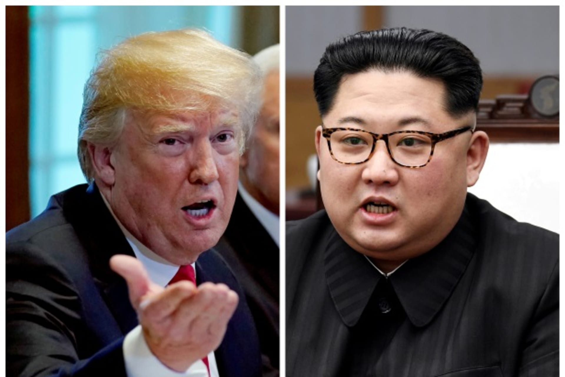 <p>A combination photo shows U.S. President Donald Trump and North Korea leader Kim Jong Un in Washignton, DC, U.S. May 17, 2018 and in Panmunjom, South Korea, April 27, 2018.</p>

