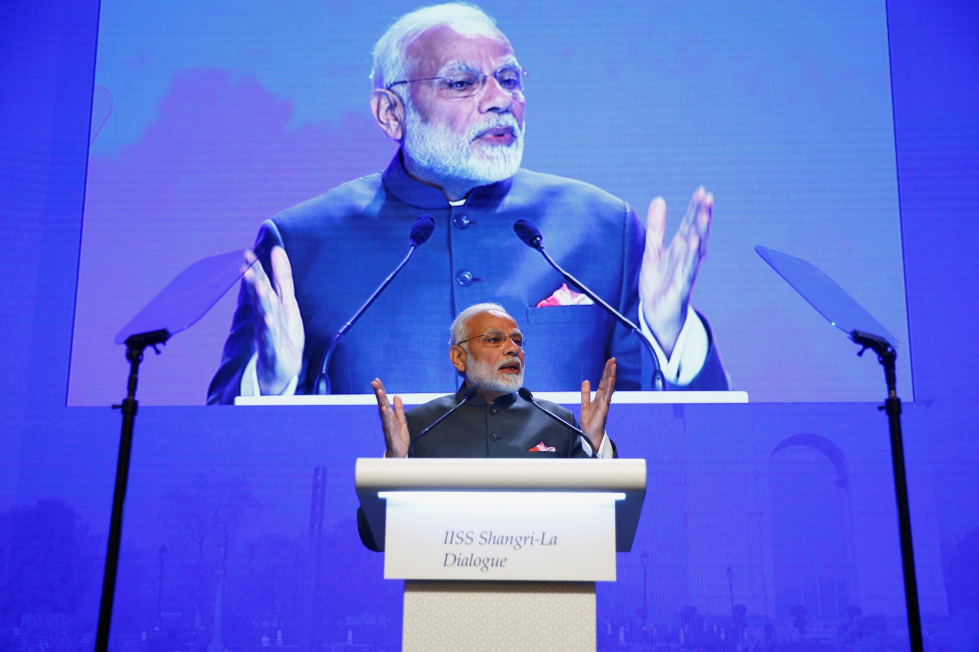 <p>India’s Prime Minister Narendra Modi delivers the keynote address at the IISS Shangri-la Dialogue in Singapore June 1, 2018.</p>