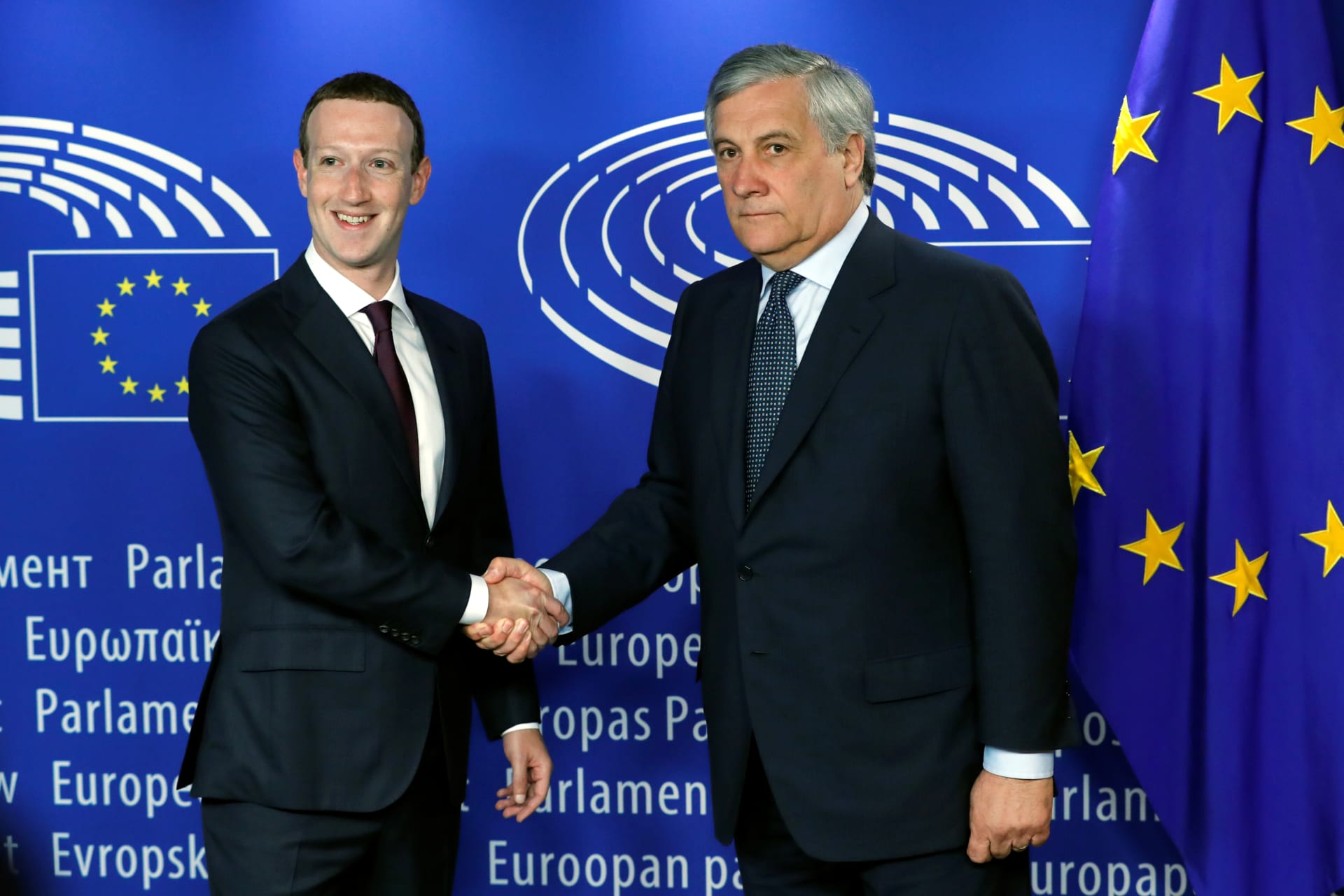 <p>Facebook’s CEO Mark Zuckerberg shakes hands with European Parliament President Antonio Tajani at the European Parliament in Brussels, Belgium May 22, 2018.</p>
