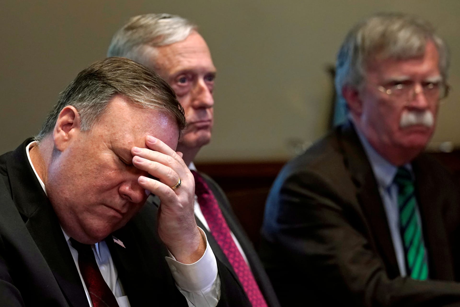 <p>From left, U.S. Secretary of State Mike Pompeo, Secretary of Defense James Mattis and National Security Adviser John Bolton attend a meeting between U.S. President Donald Trump and NATO Secretary General Jens Stoltenberg at the White House in Washington. </p>
