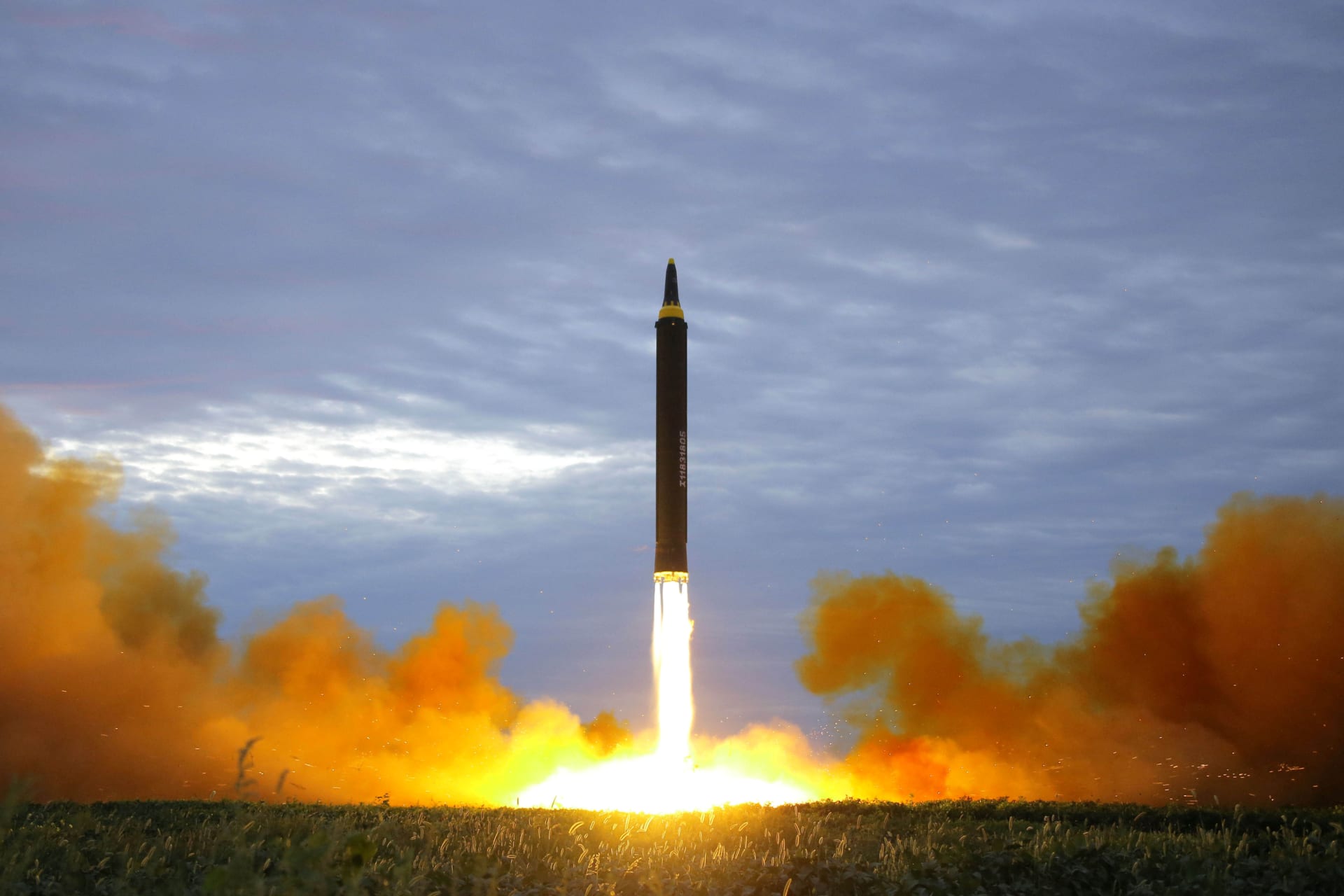 <p>A missile is launched during a long and medium-range ballistic rocket launch drill in this undated photo released by North Korea’s Korean Central News Agency (KCNA) in Pyongyang on August 30, 2017.</p>
