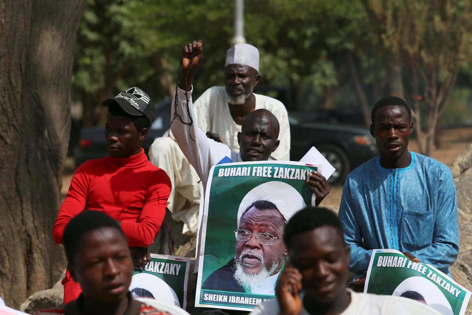 <p>Protesters hold banners calling for the release of Sheikh Ibrahim Zakzaky, the leader of the Islamic Movement of Nigeria (IMN), in Abuja, Nigeria January 26, 2018.</p>
