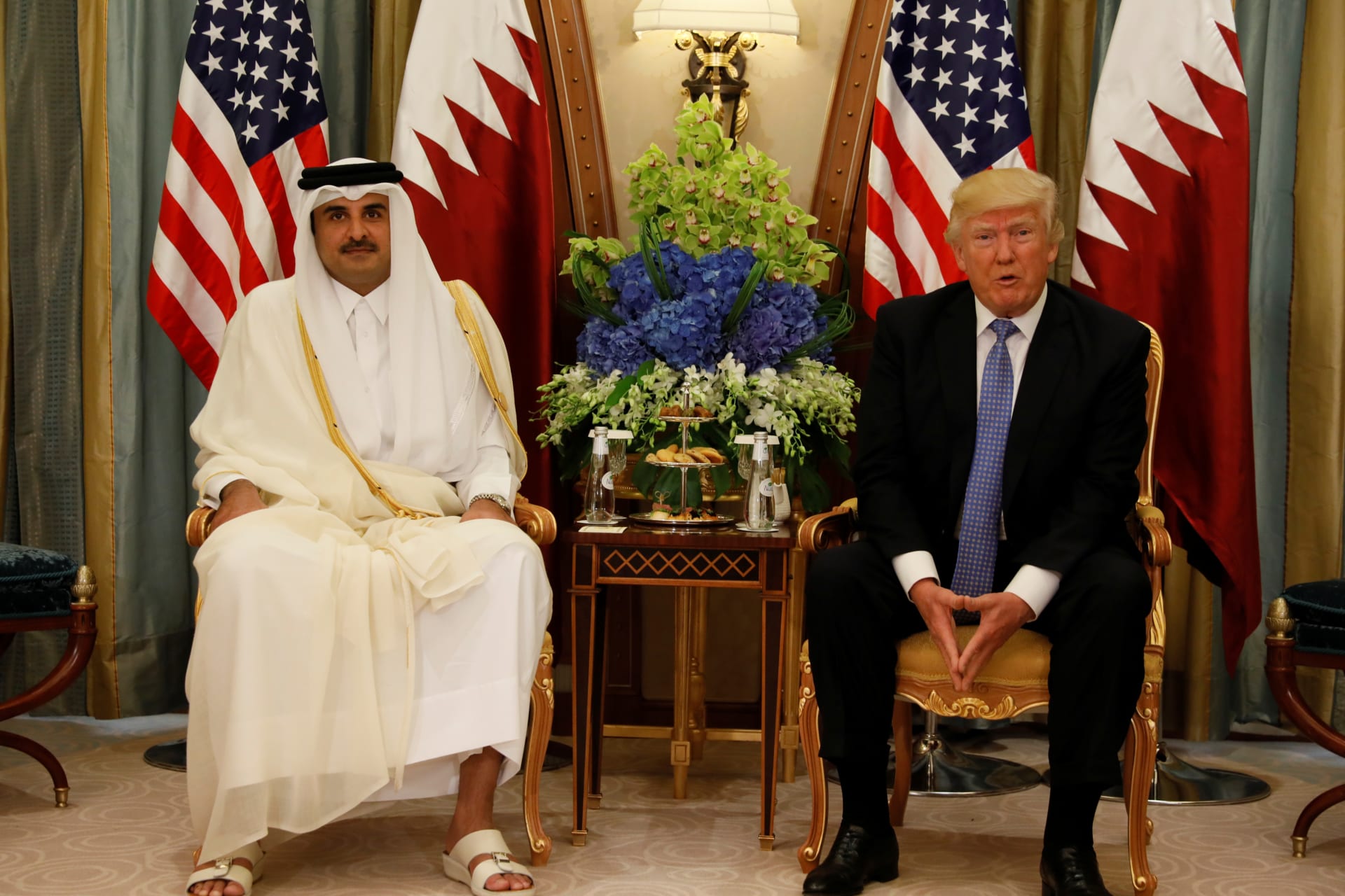 <p>Qatar’s Emir Sheikh Tamim Bin Hamad Al-Thani meets with U.S. President Donald Trump in Riyadh, Saudi Arabia, May 21, 2017. </p>
