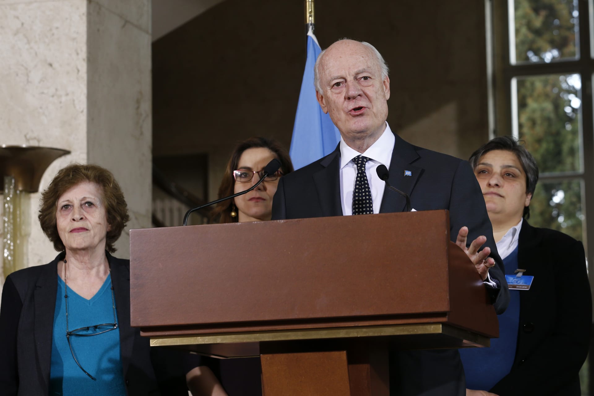 <p>U.N. mediator for Syria Staffan de Mistura with members of the Women Advisory Board during Syria peace talks at the United Nations in Geneva, Switzerland, 2016.</p>