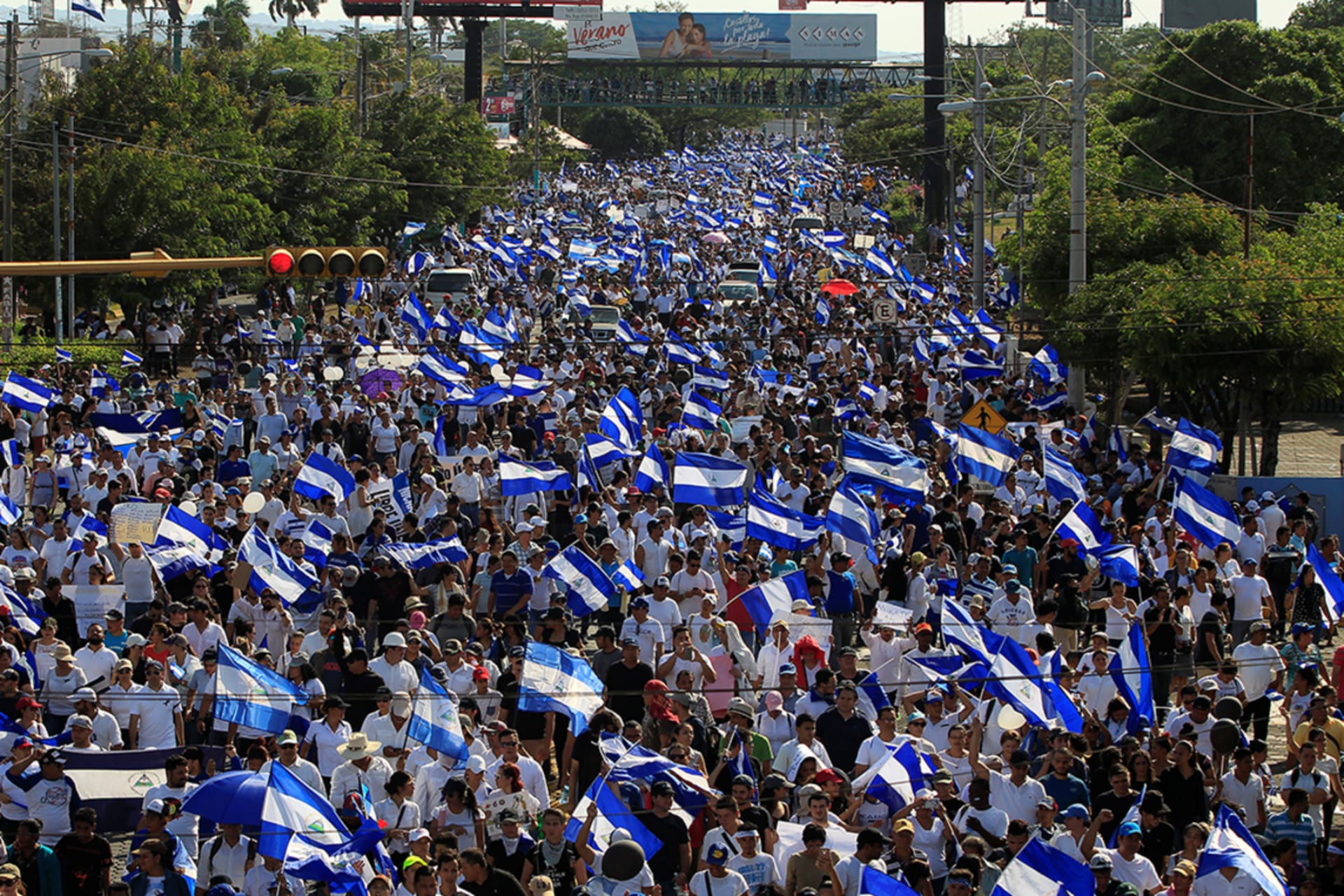 <p>Demonstrators protest against police violence and the government of Nicaraguan President Daniel Ortega in Managua, Nicaragua on April 23, 2018.</p>

