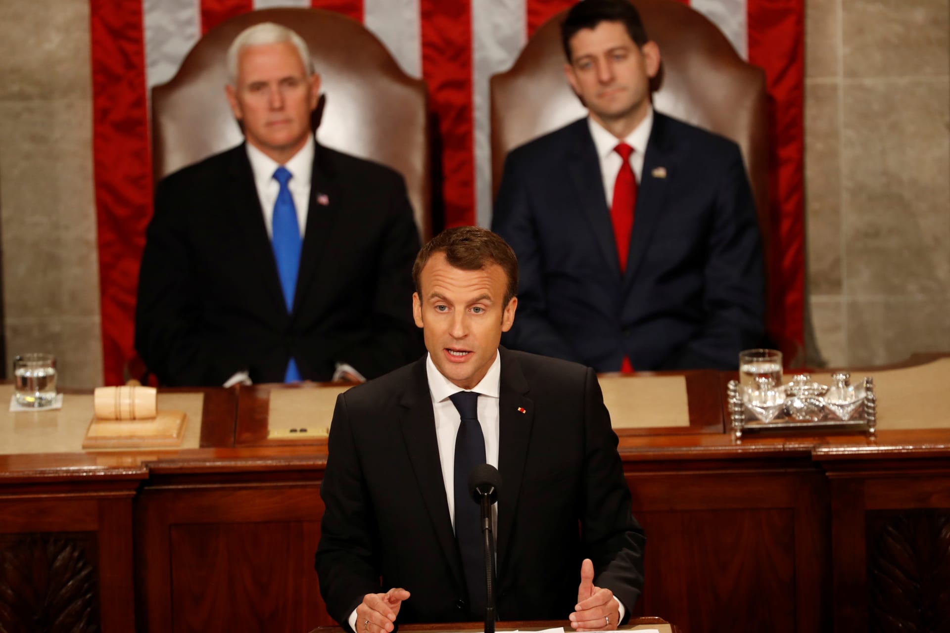 <p>French President Emmanuel Macron addresses a joint meeting of Congress at the U.S. Capitol in Washington, U.S. on April 25, 2018. </p>
